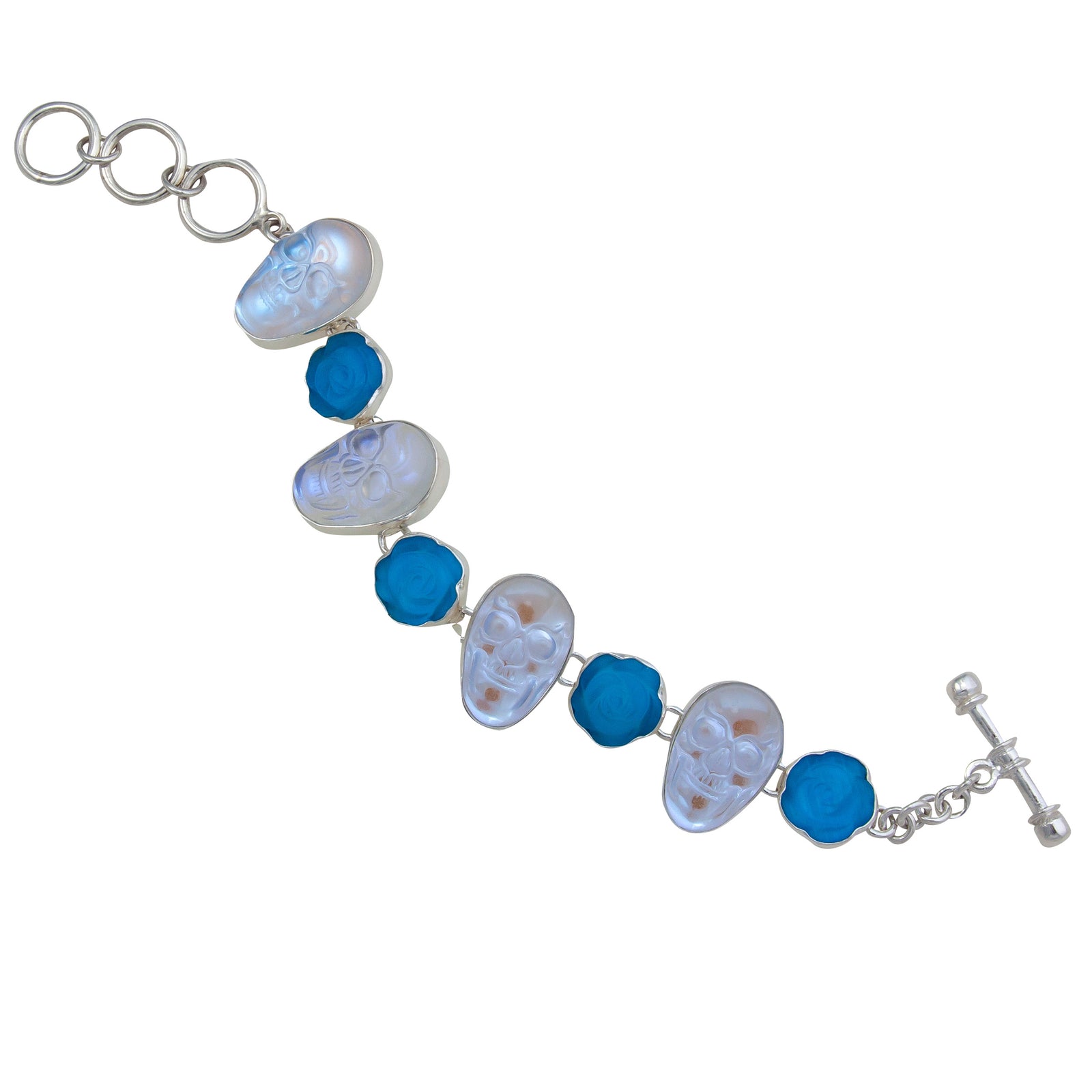 Sterling Silver Luminite Skull and Fiber Optic Rose Bracelet | Charles Albert Jewelry