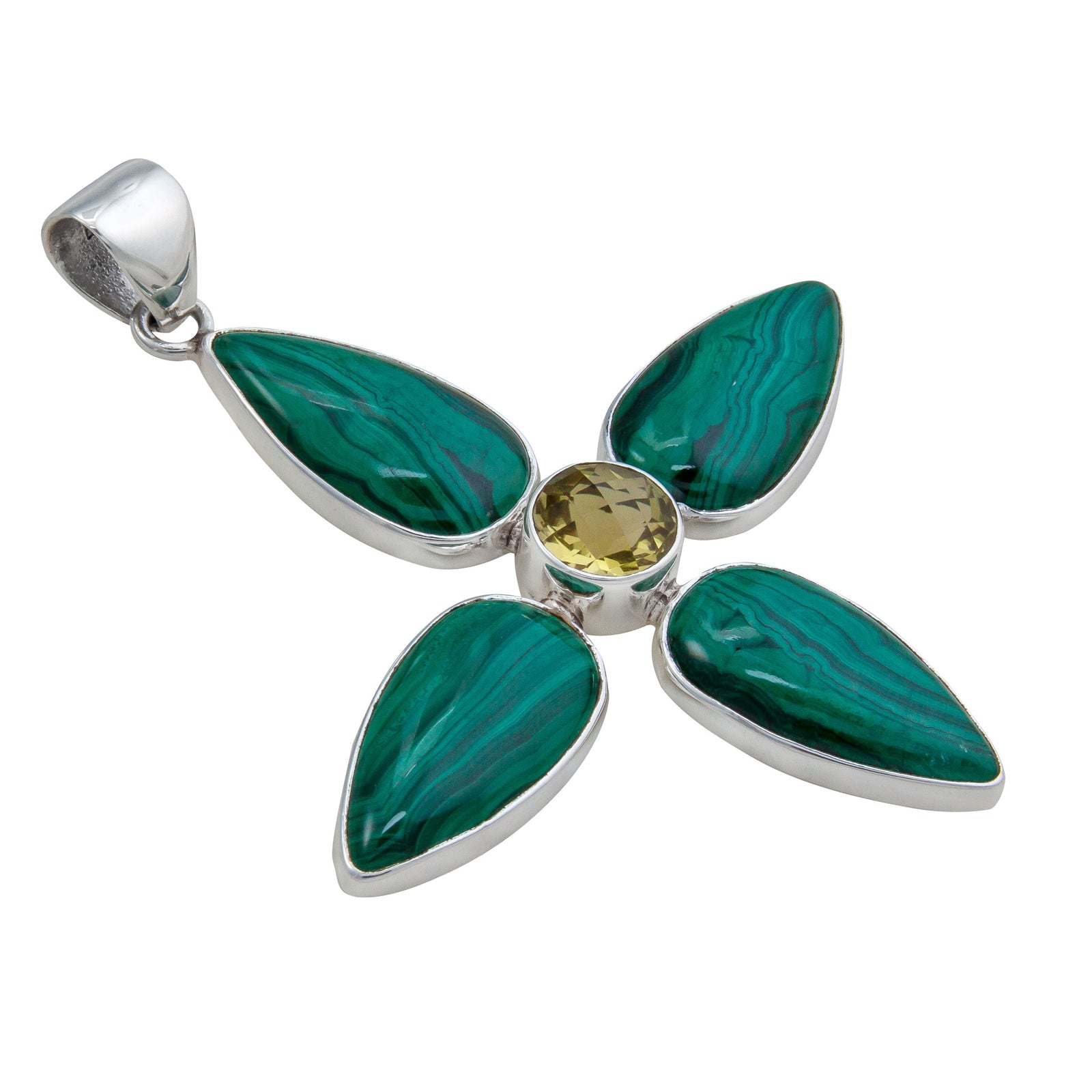 Sterling Silver Citrine and Malachite Flower Pendant | Charles Albert Jewelry