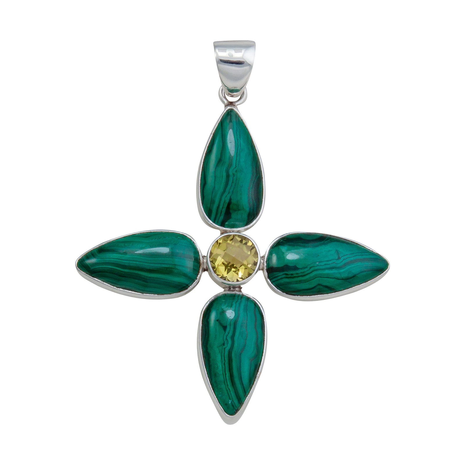 Sterling Silver Citrine and Malachite Flower Pendant | Charles Albert Jewelry
