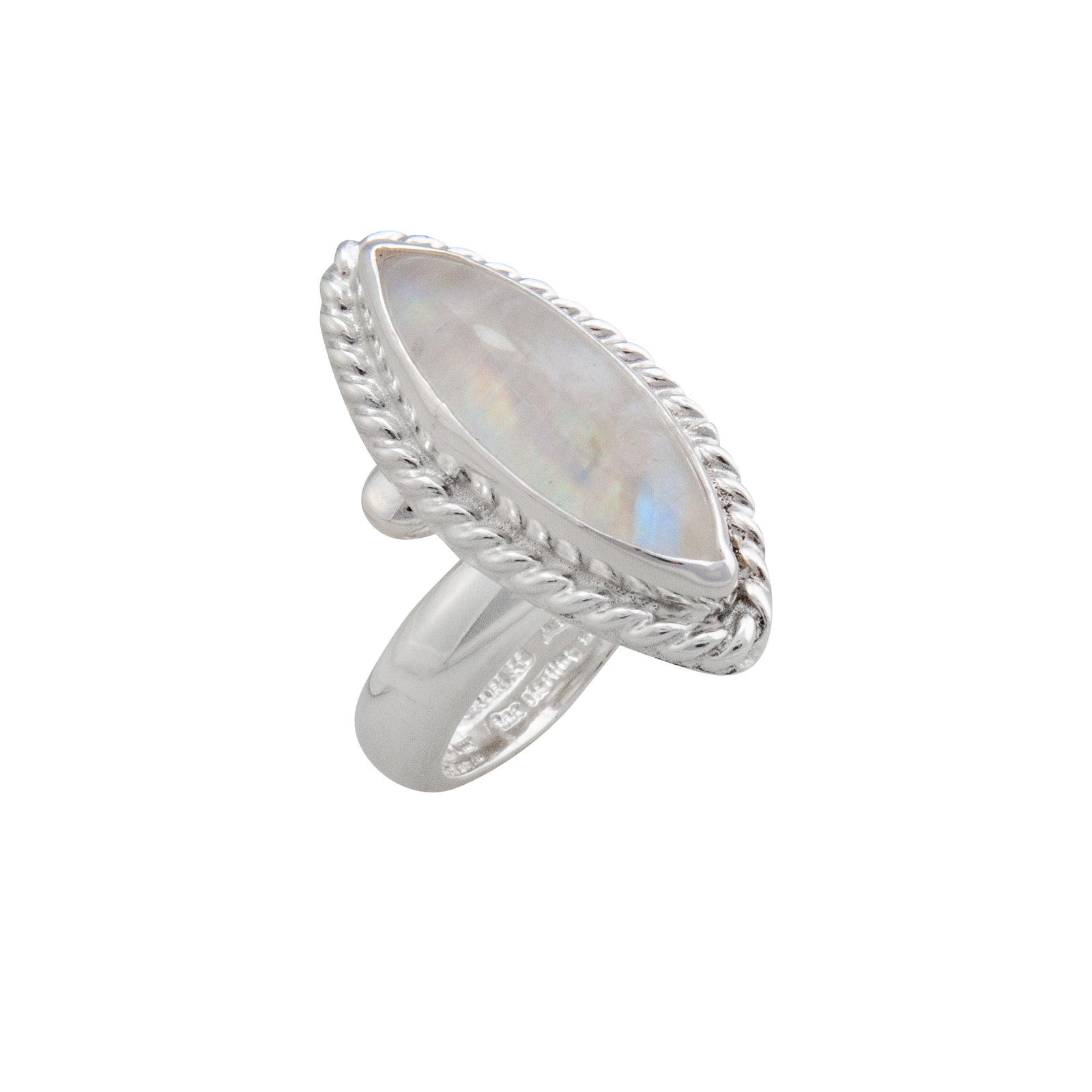 Sterling Silver Rainbow Moonstone Marquise Rope Adjustable Ring | Charles Albert Jewelry