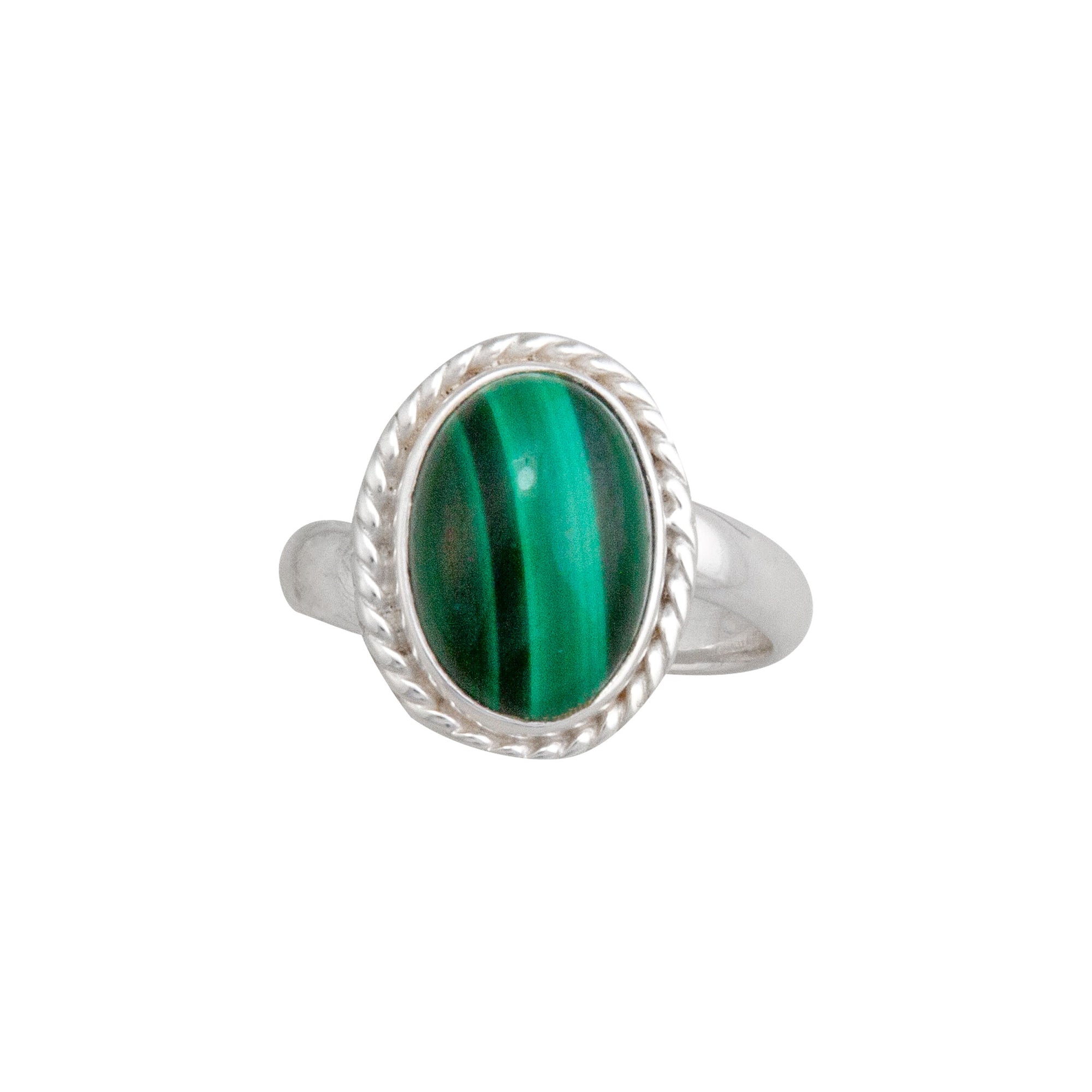 Sterling Silver Malachite Petite Adjustable Ring with Rope Edge | Charles Albert Jewelry