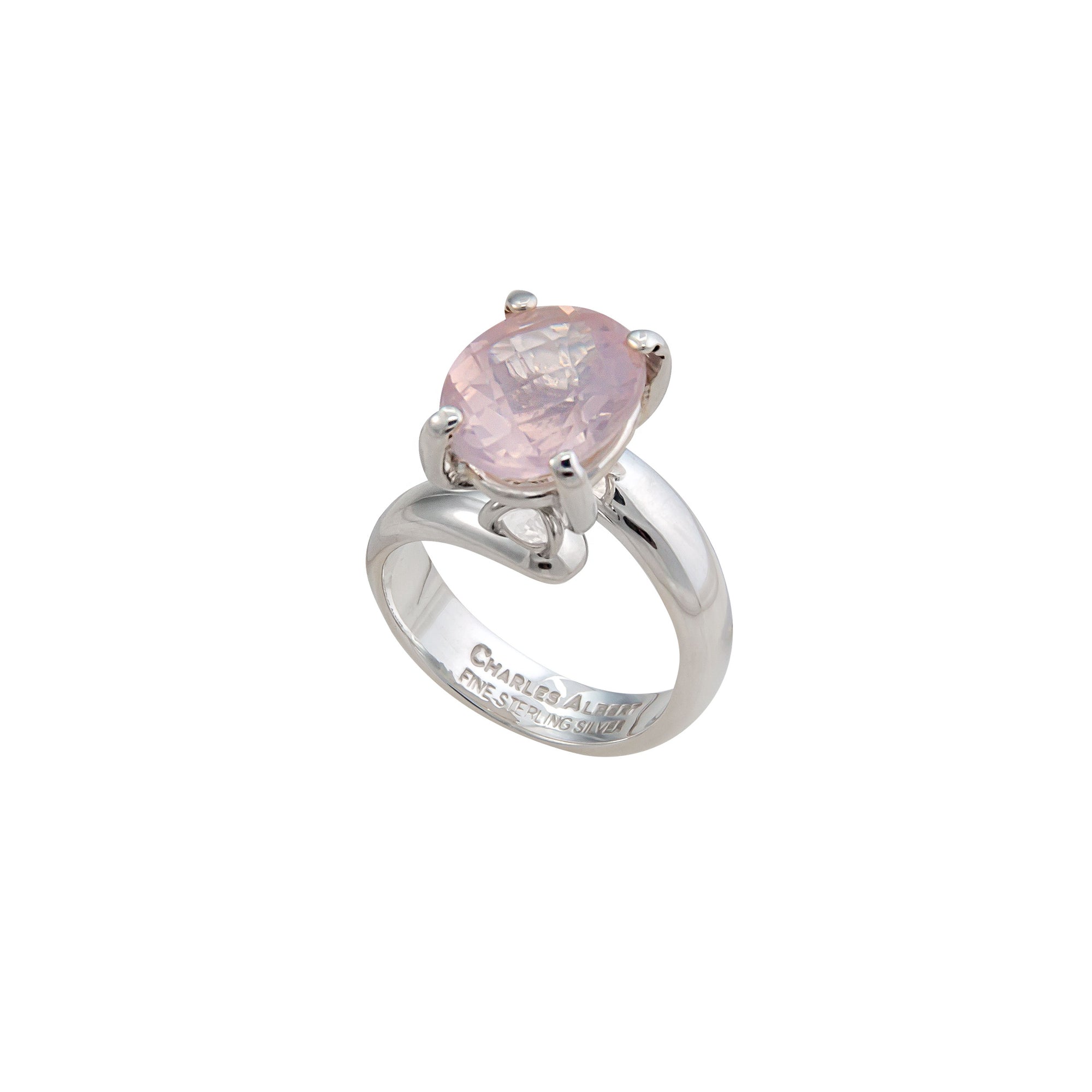 Sterling Silver Rose Quartz Oval Prong Set Adjustable Ring | Charles Albert Jewelry