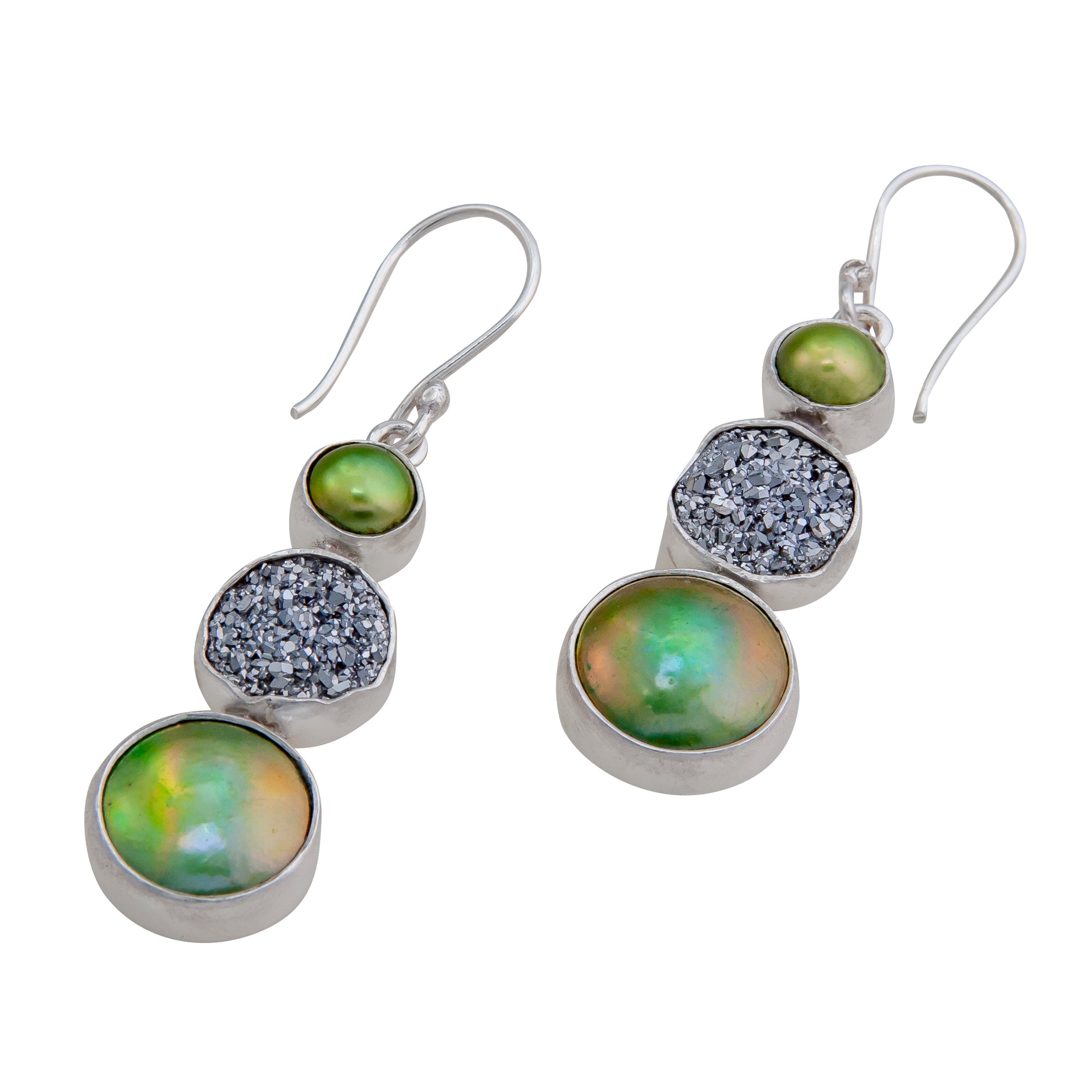 Sterling Silver Green Pearl & Platinum Druzy Drop Earrings | Charles Albert Jewelry