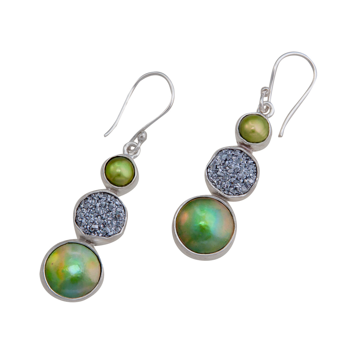 Sterling Silver Green Pearl &amp; Platinum Druzy Drop Earrings | Charles Albert Jewelry