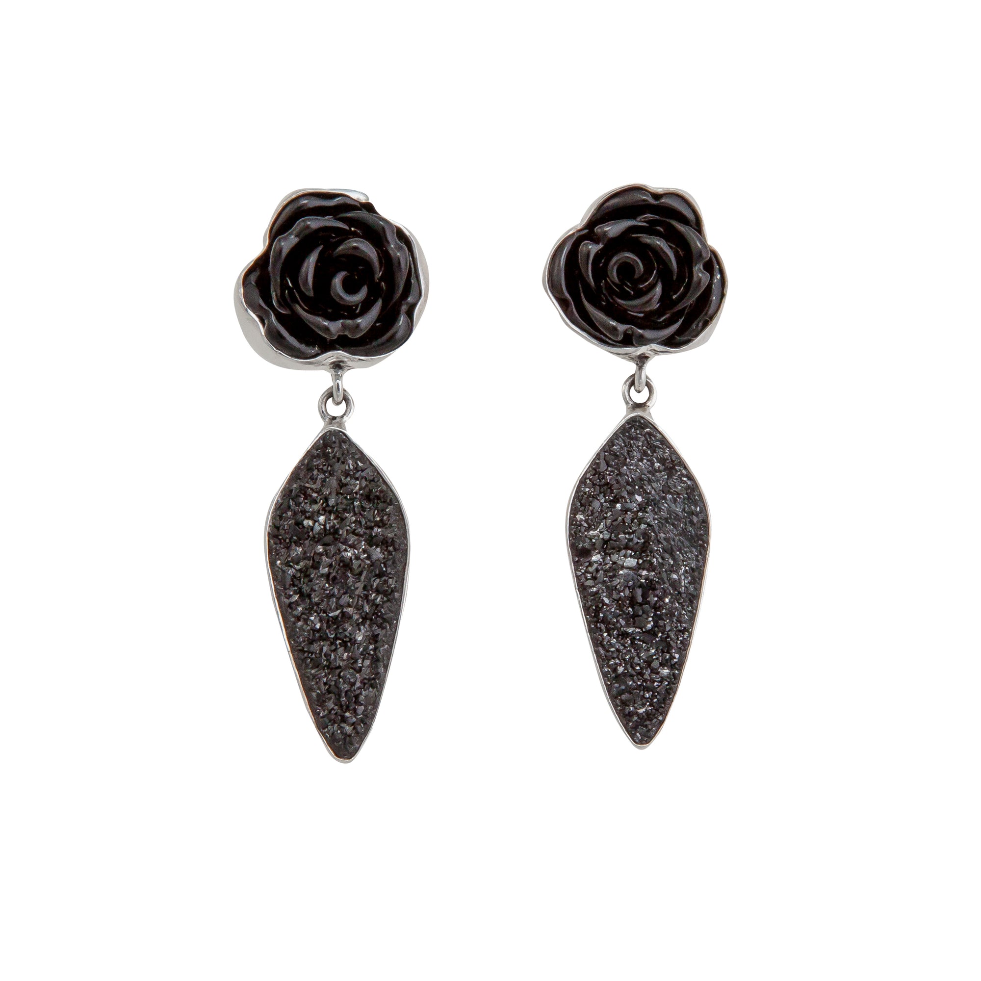 Sterling Silver Black Resin Rose & Black Druzy Post Earrings | Charles Albert Jewelry