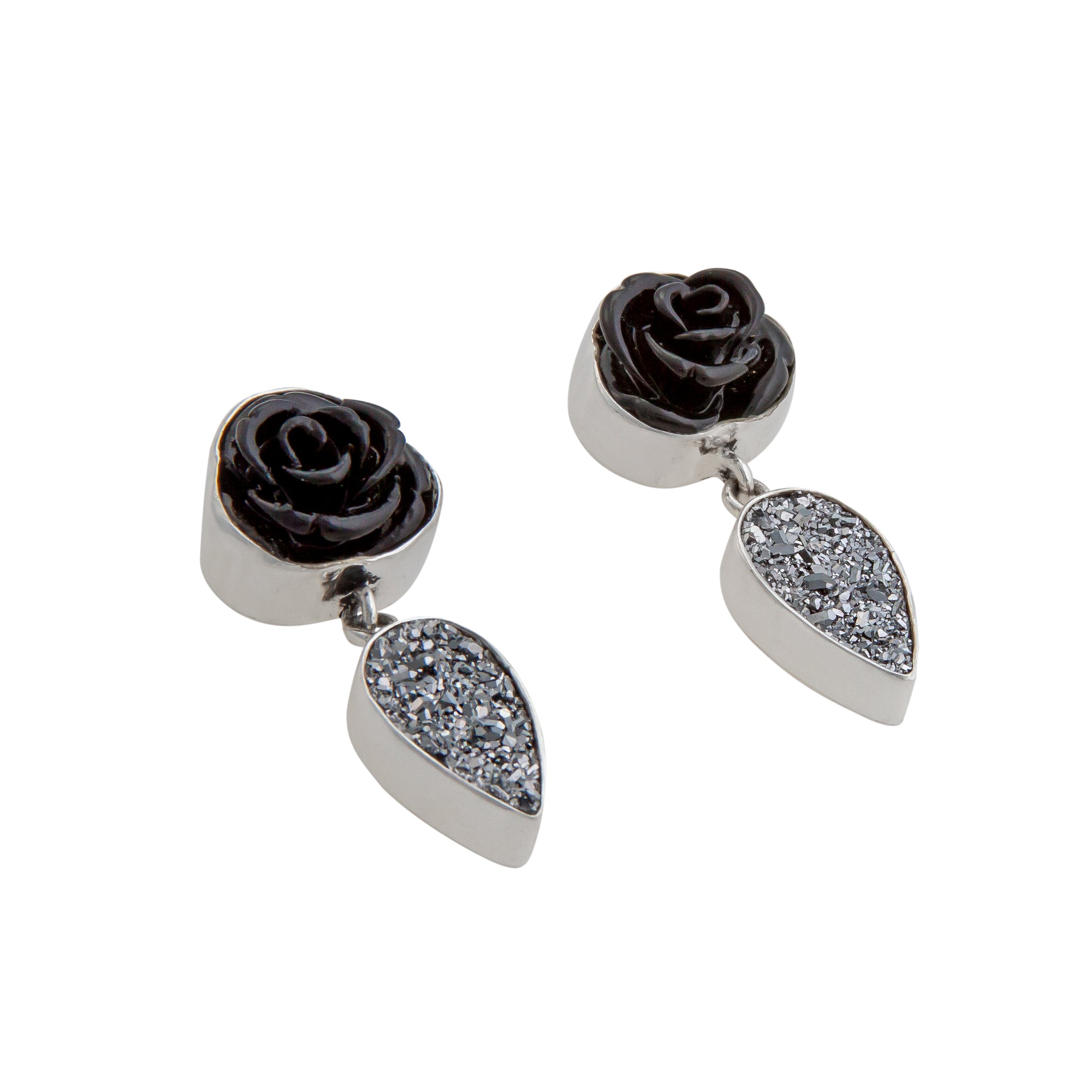 Sterling Silver Black Resin Rose & Platinum Druzy Post Earrings | Charles Albert Jewelry