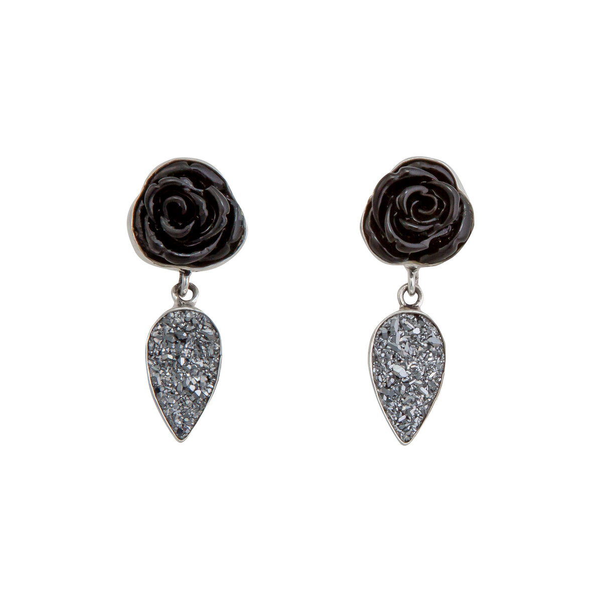 Sterling Silver Black Resin Rose &amp; Platinum Druzy Post Earrings | Charles Albert Jewelry