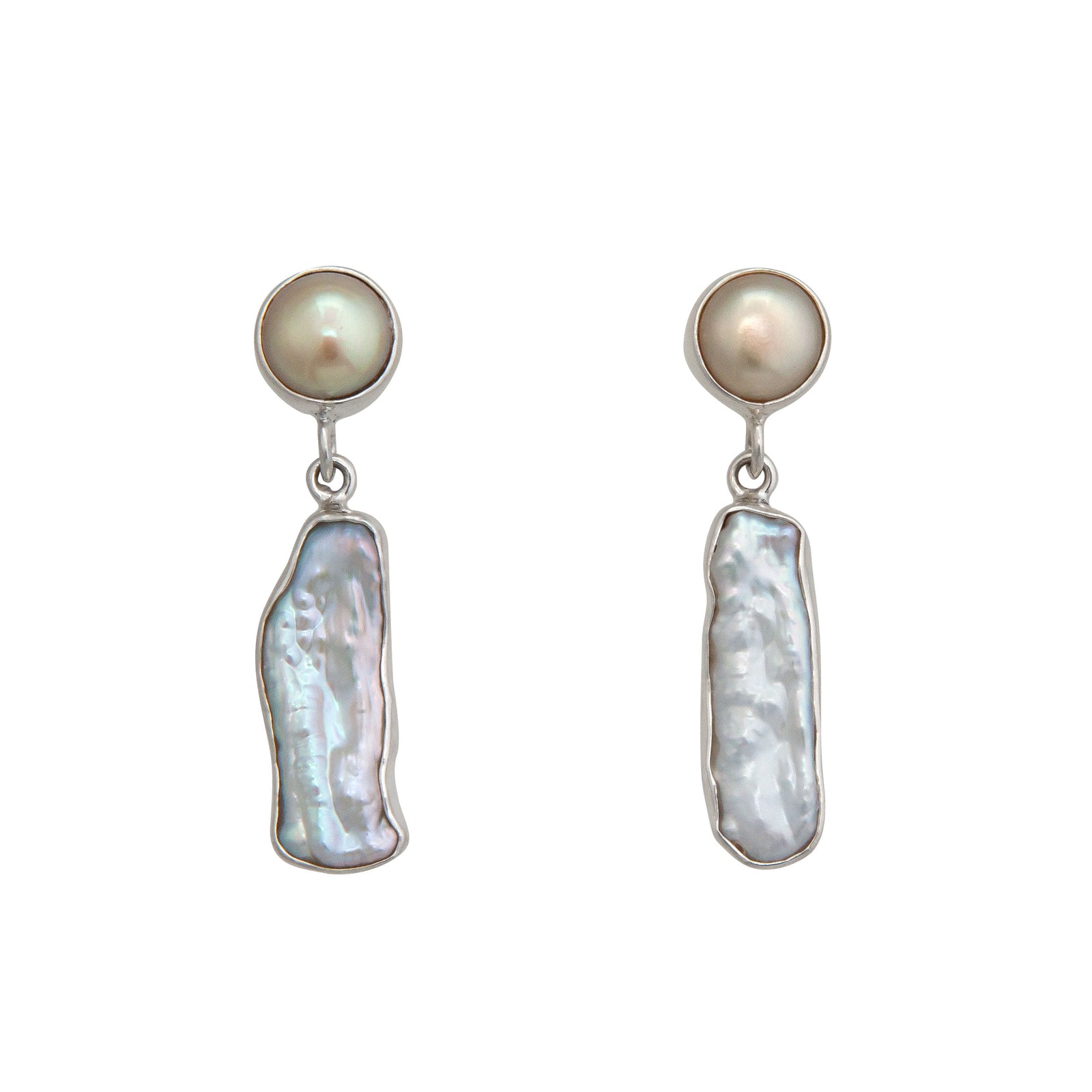 Sterling Silver Champagne Pearl and Biwa Pearl Post Earrings | Charles Albert Jewelry