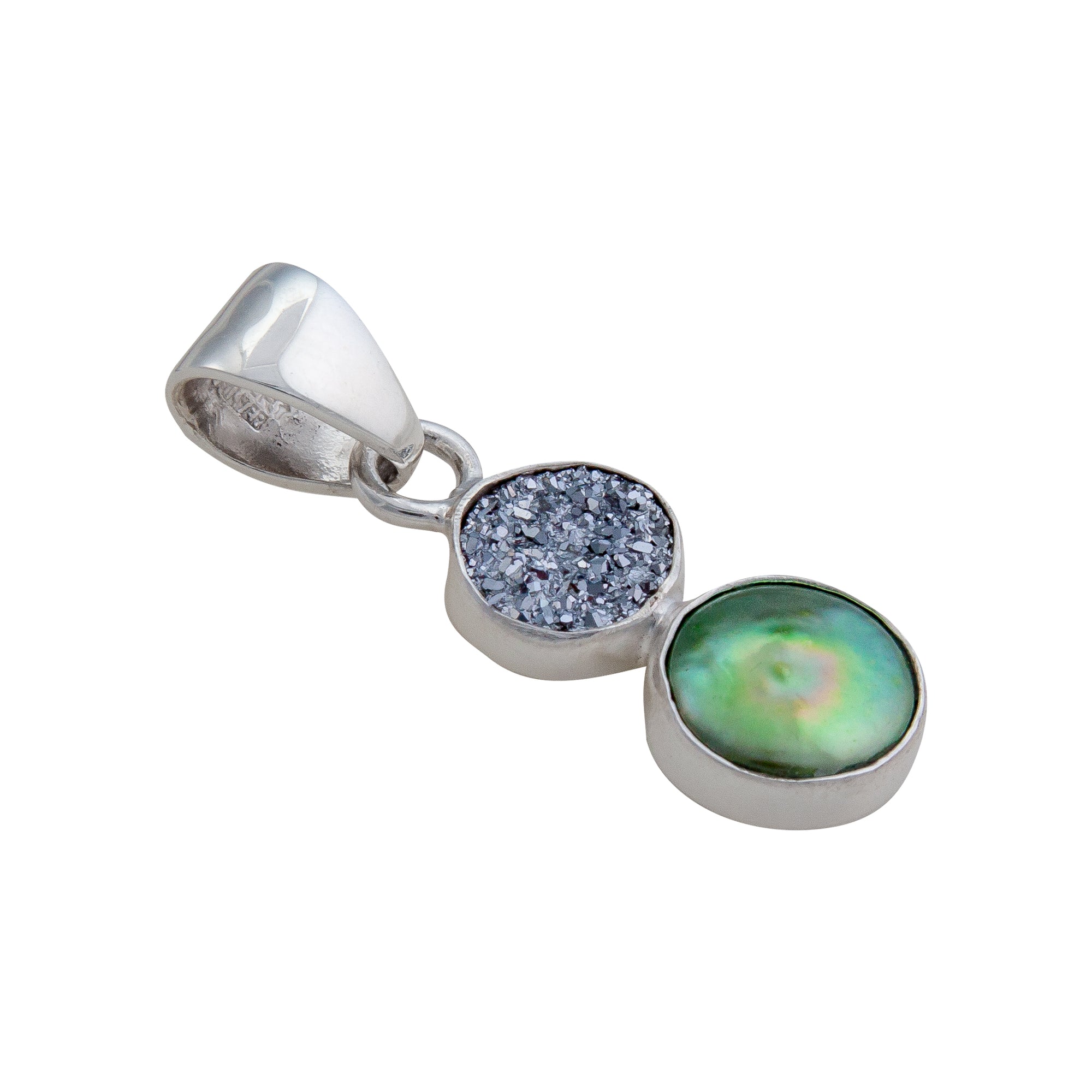 Sterling Silver Platinum Druzy & Green Pearl Pendant | Charles Albert Jewelry