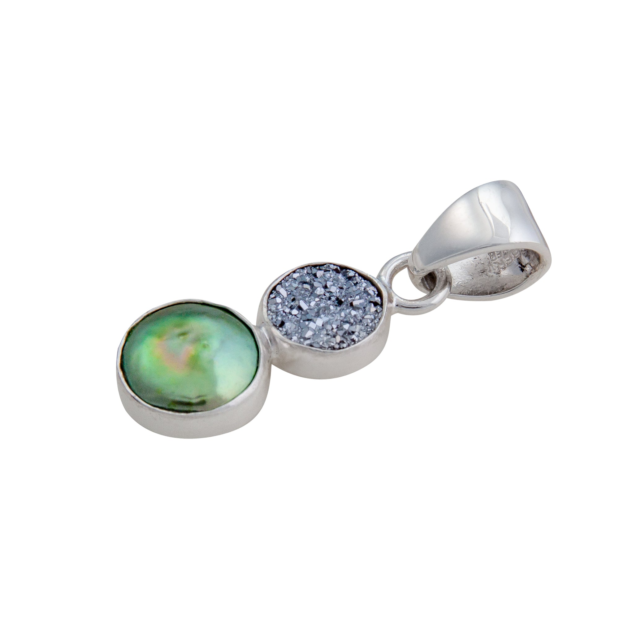 Sterling Silver Platinum Druzy & Green Pearl Pendant | Charles Albert Jewelry