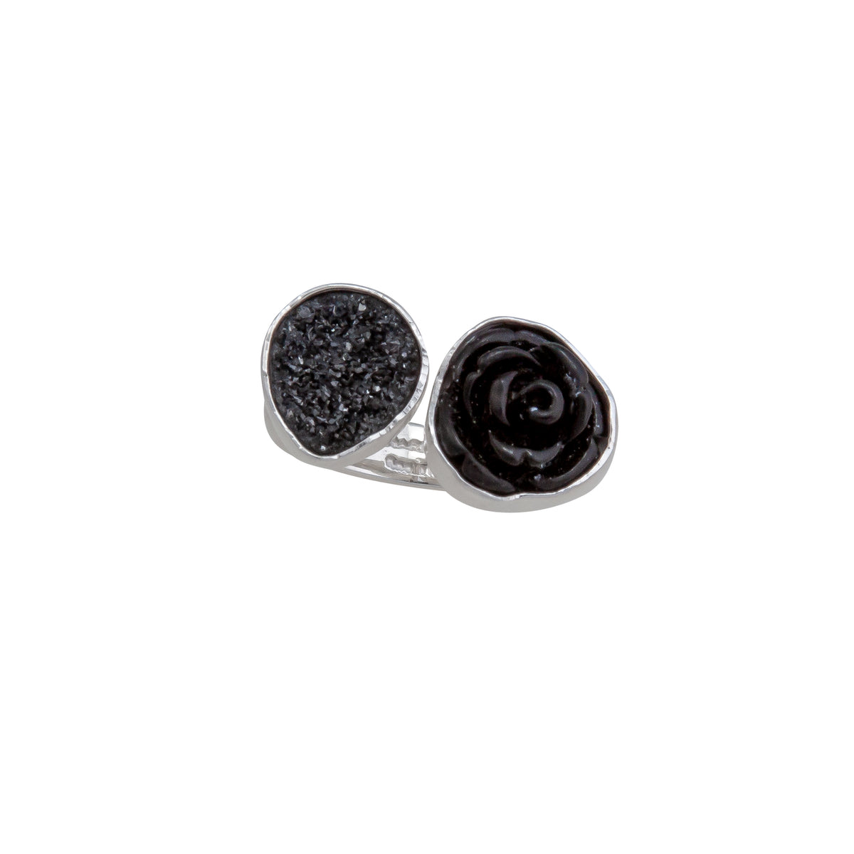 Sterling Silver Black Resin Rose &amp; Black Druzy Floating Adjustable Ring | Charles Albert Jewelry