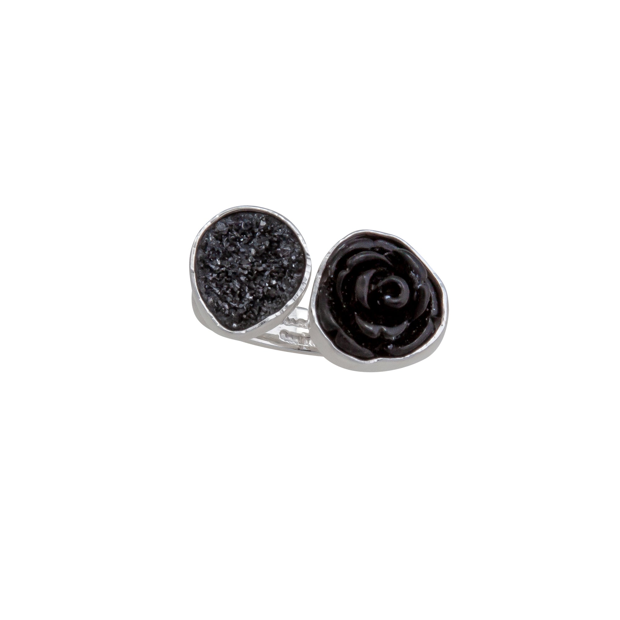 Sterling Silver Black Resin Rose & Black Druzy Floating Adjustable Ring | Charles Albert Jewelry