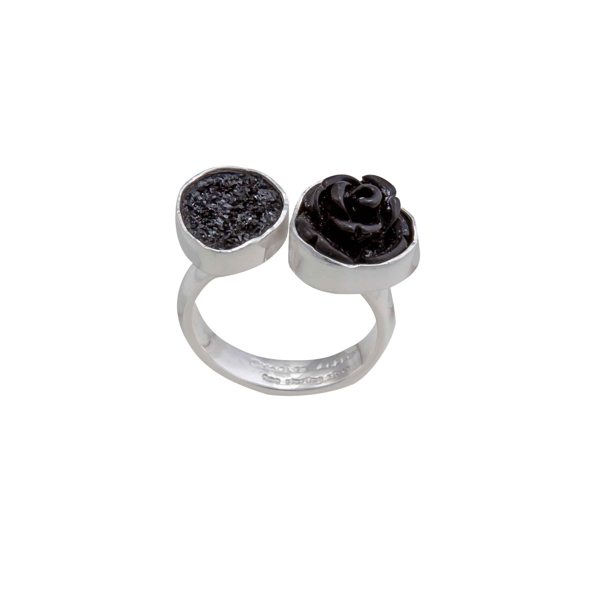 Sterling Silver Black Resin Rose & Black Druzy Floating Adjustable Ring | Charles Albert Jewelry