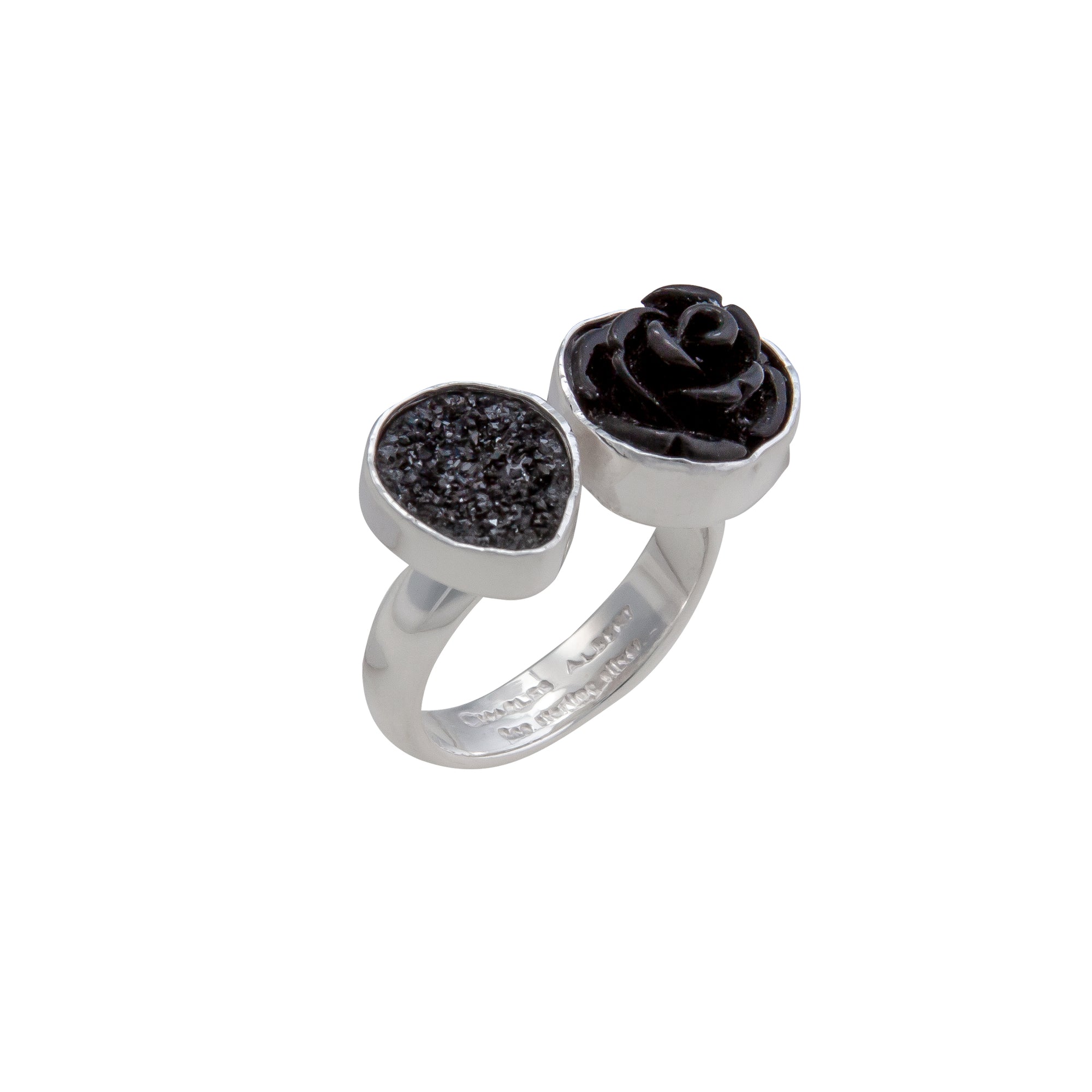 Sterling Silver Black Resin Rose & Black Druzy Floating Adjustable Ring | Charles Albert Jewelry