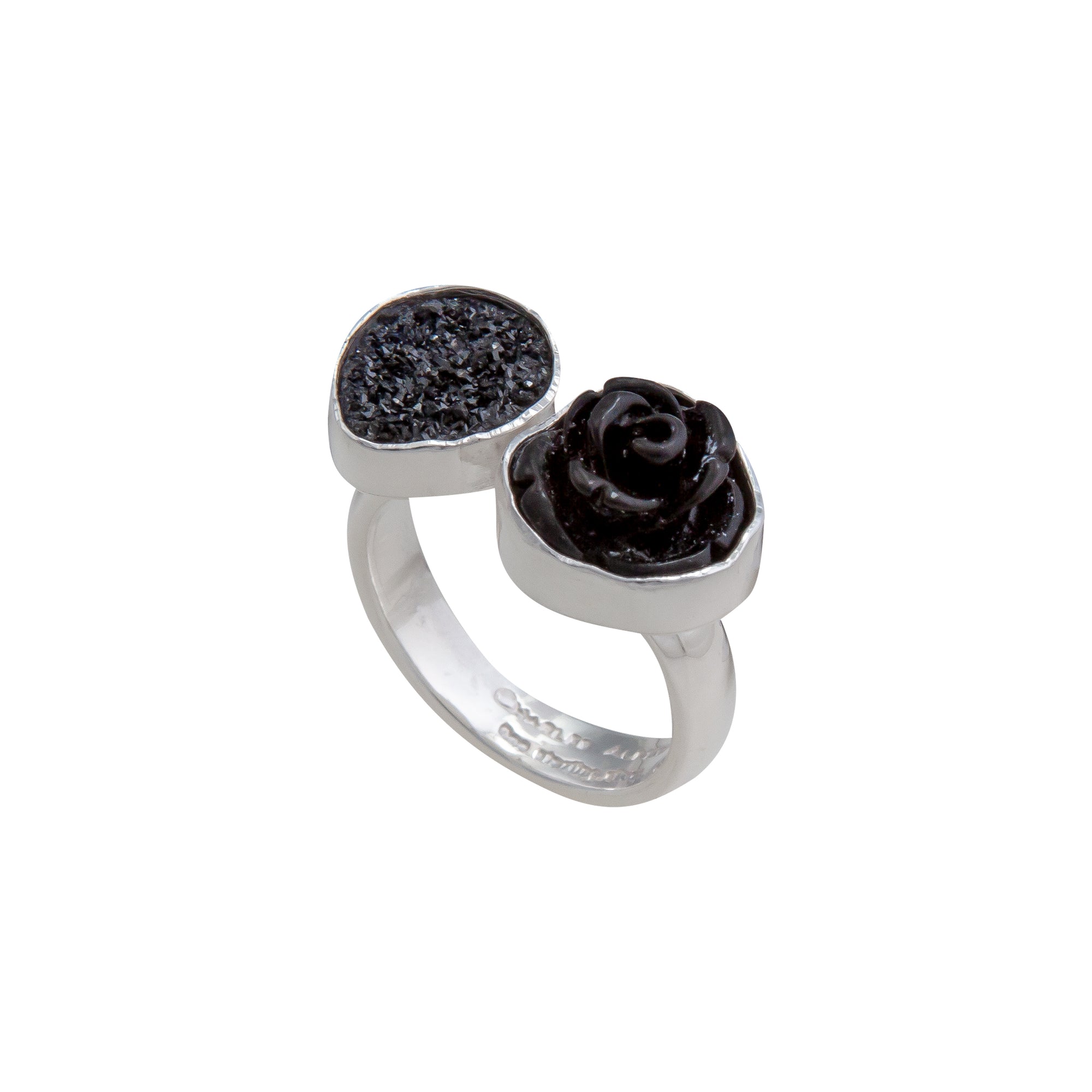 Sterling Silver Black Resin Rose & Black Druzy Floating Adjustable Ring | Charles Albert Jewelry