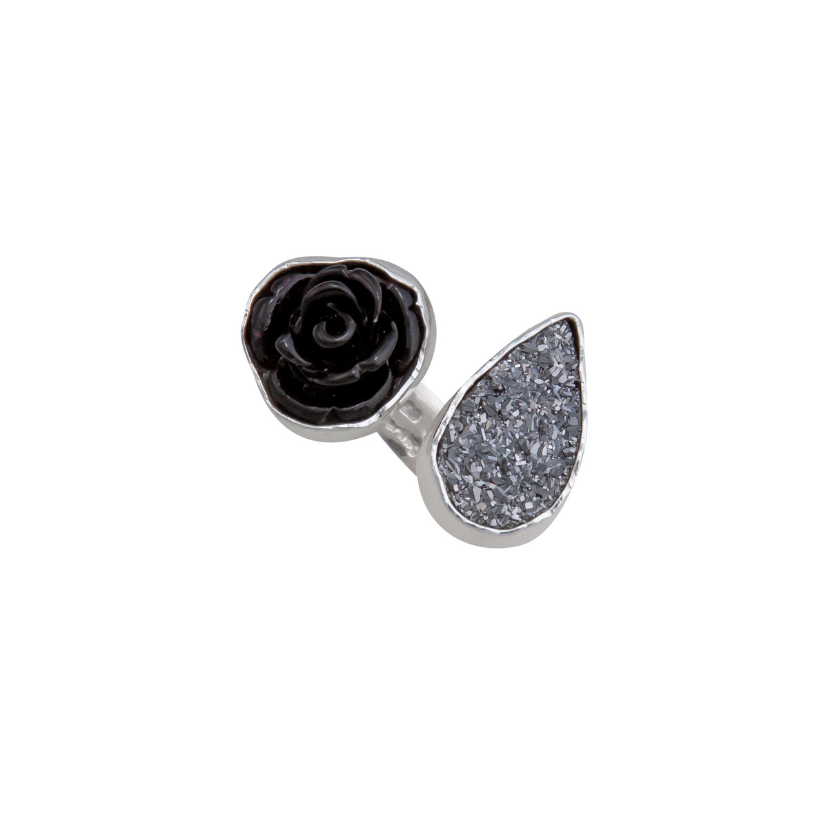 Sterling Silver Black Resin Rose &amp; Platinum Druzy Floating Ring | Charles Albert Jewelry