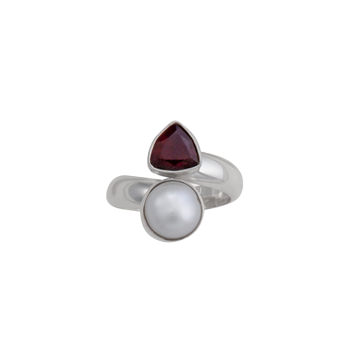 Sterling Silver Trillion Garnet &amp; Pearl Bypass Adjustable Ring | Charles Albert Jewelry