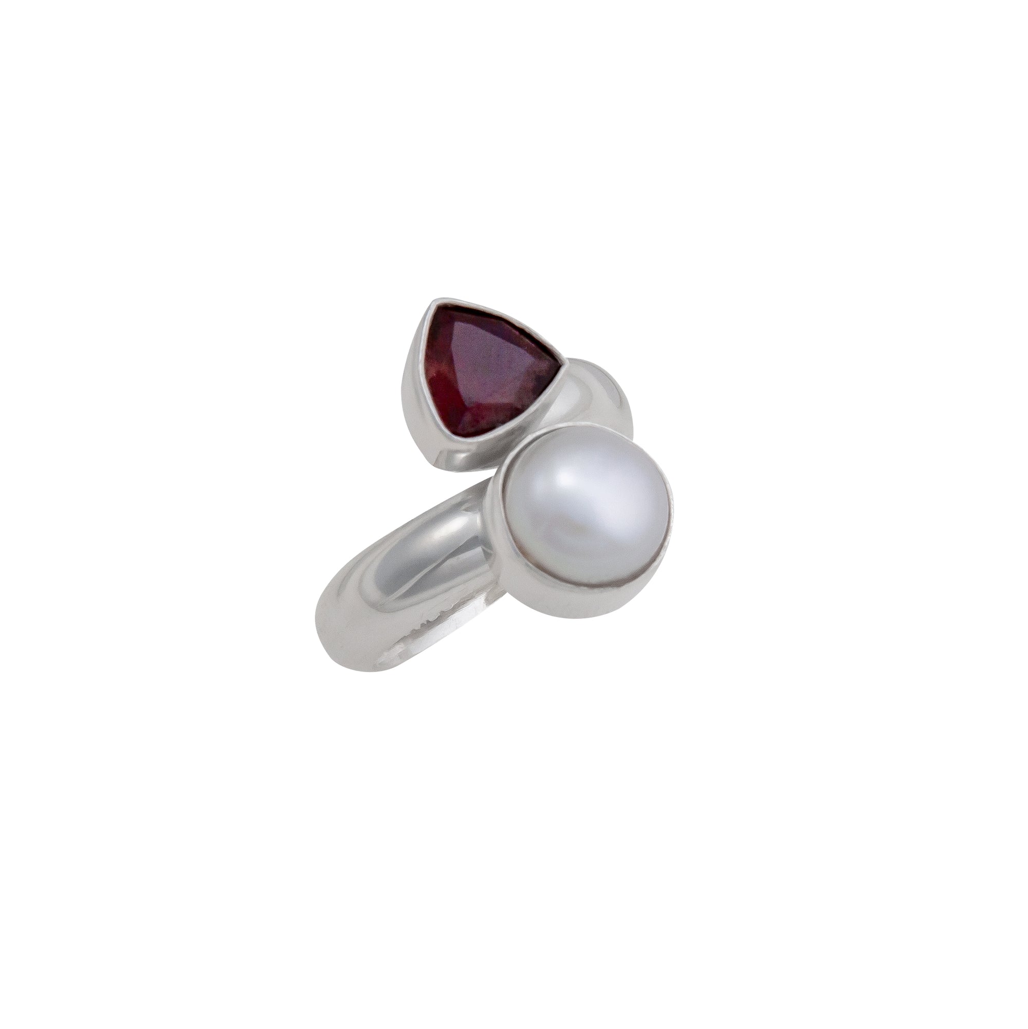 Sterling Silver Trillion Garnet & Pearl Bypass Adjustable Ring | Charles Albert Jewelry