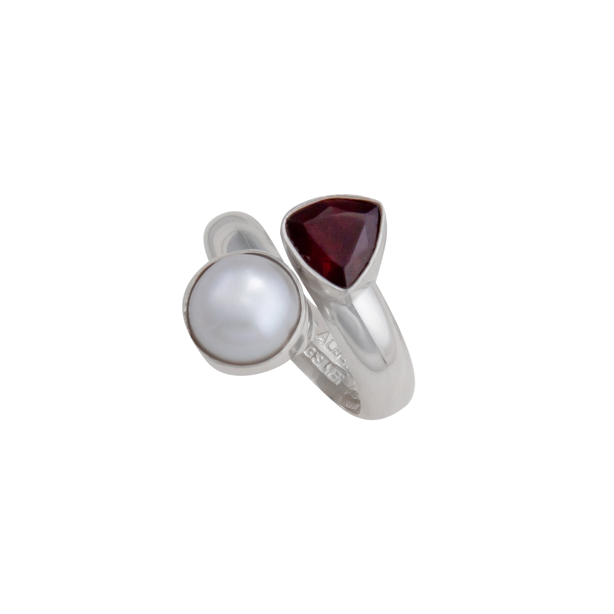 Sterling Silver Trillion Garnet & Pearl Bypass Adjustable Ring | Charles Albert Jewelry