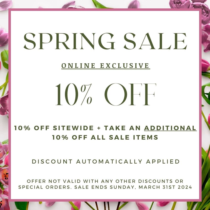 Shop Charles Albert Jewelry's Spring Sale. 10% off sitewide plus and extra 10% off sale items. Discount automatically applied. Offer not valid with any other discounts or special orders. Sale ends March 31, 2024.