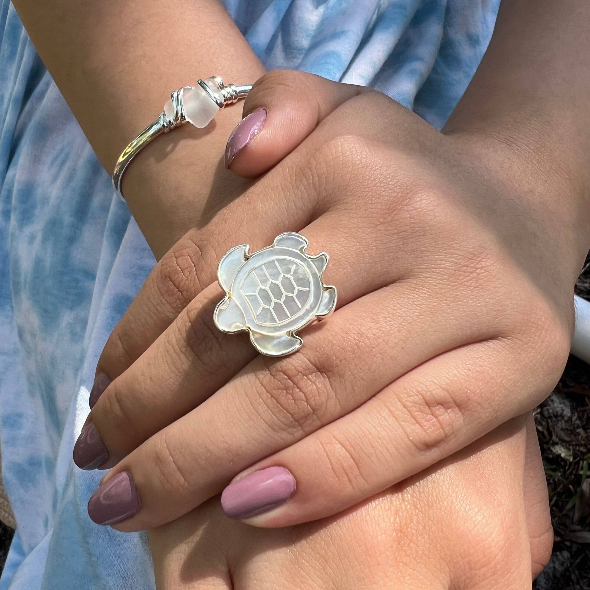 Sterling Silver Mother of Pearl Sea Turtle Adjustable Ring | Charles Albert Jewelry