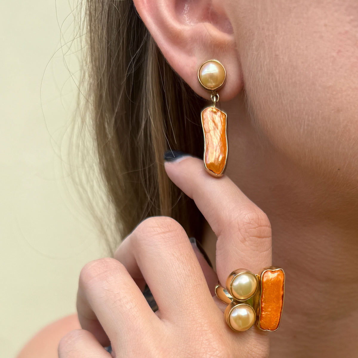 Alchemia Sunset Pearl and Biwa Pearl Post Earrings | Charles Albert Jewelry