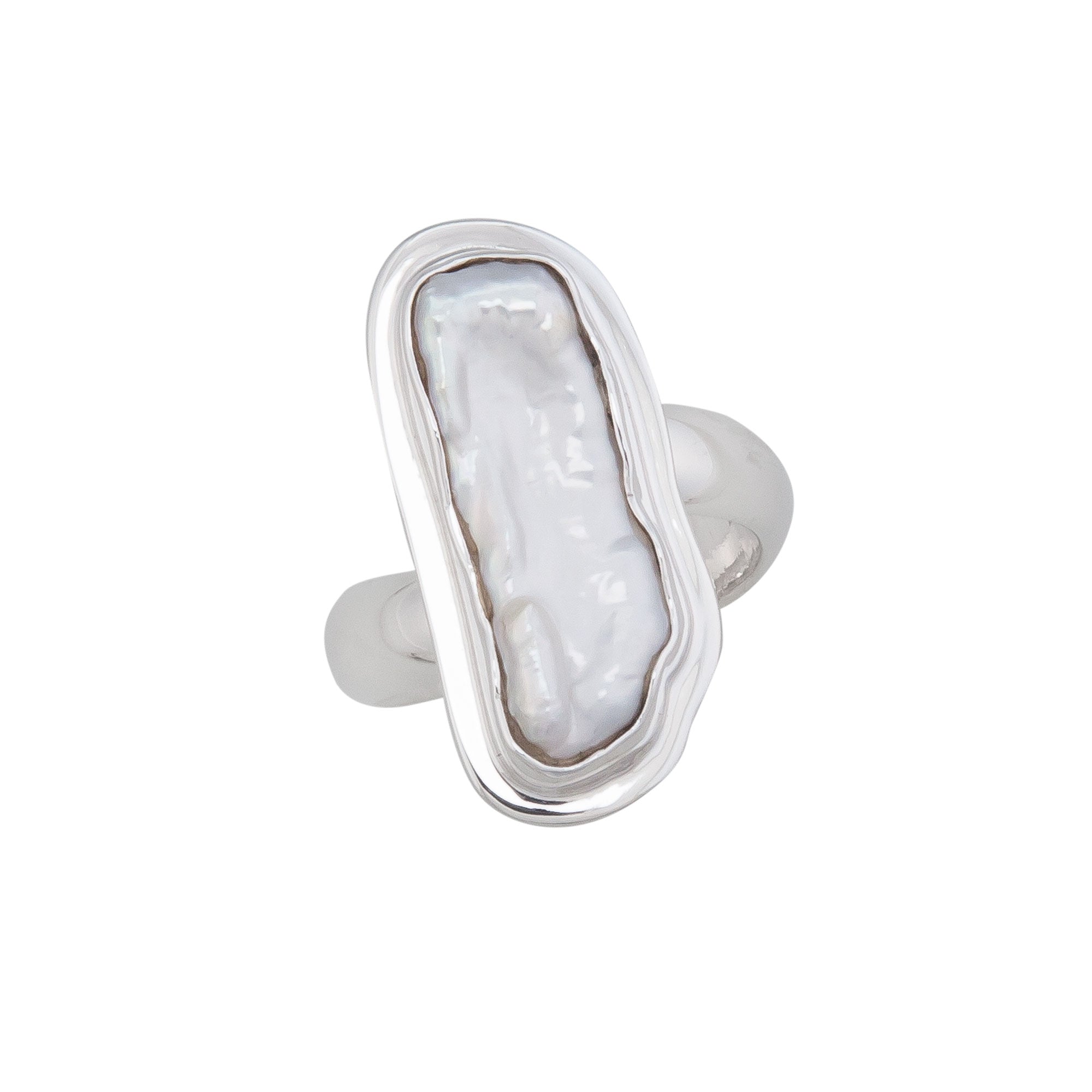Sterling Silver Biwa Pearl Adjustable Ring with Detailed Edge | Charles Albert Jewelry