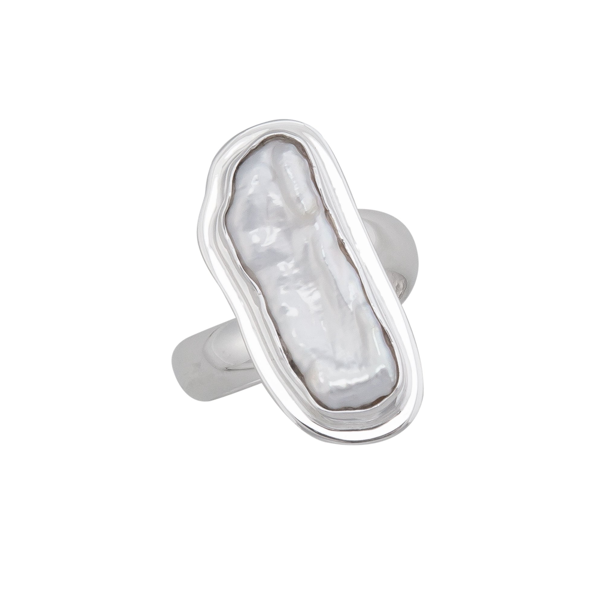 Sterling Silver Biwa Pearl Adjustable Ring with Detailed Edge | Charles Albert Jewelry