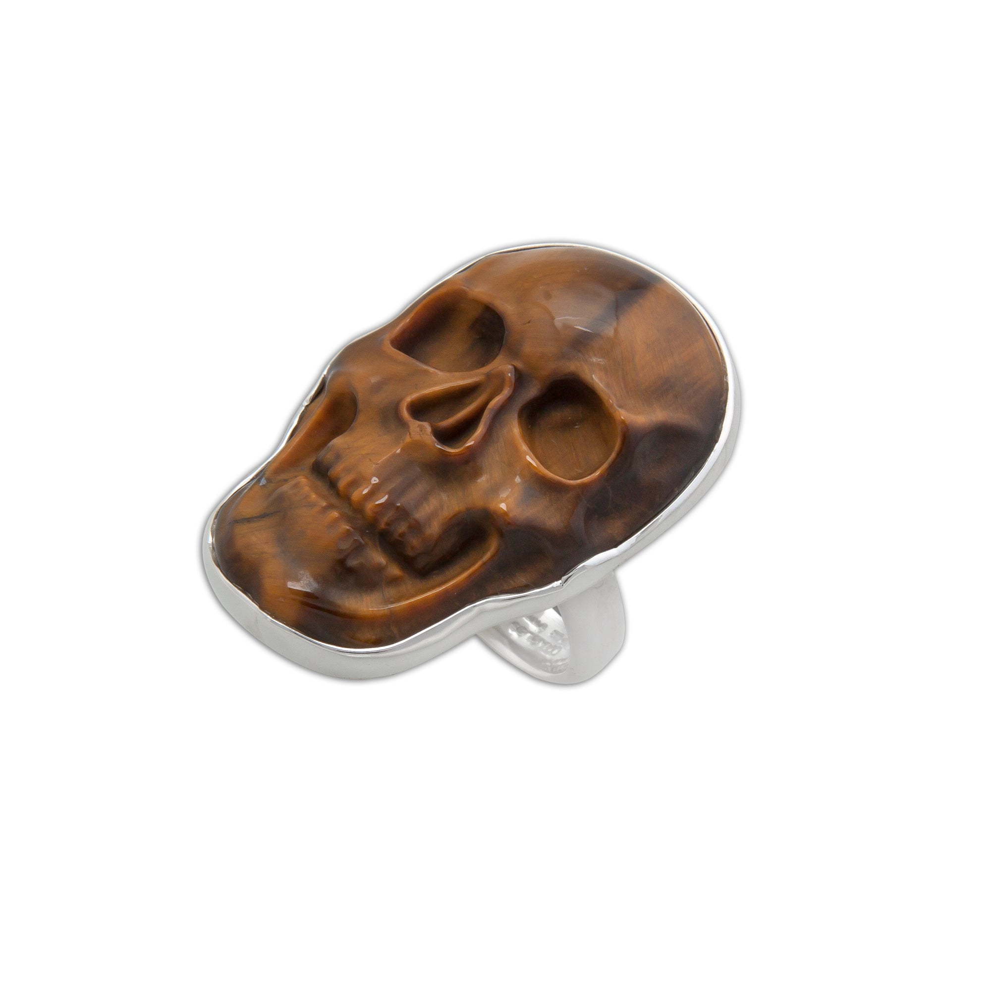 Sterling Silver Medium Tiger Eye Skull Adjustable Ring | Charles Albert Jewelry