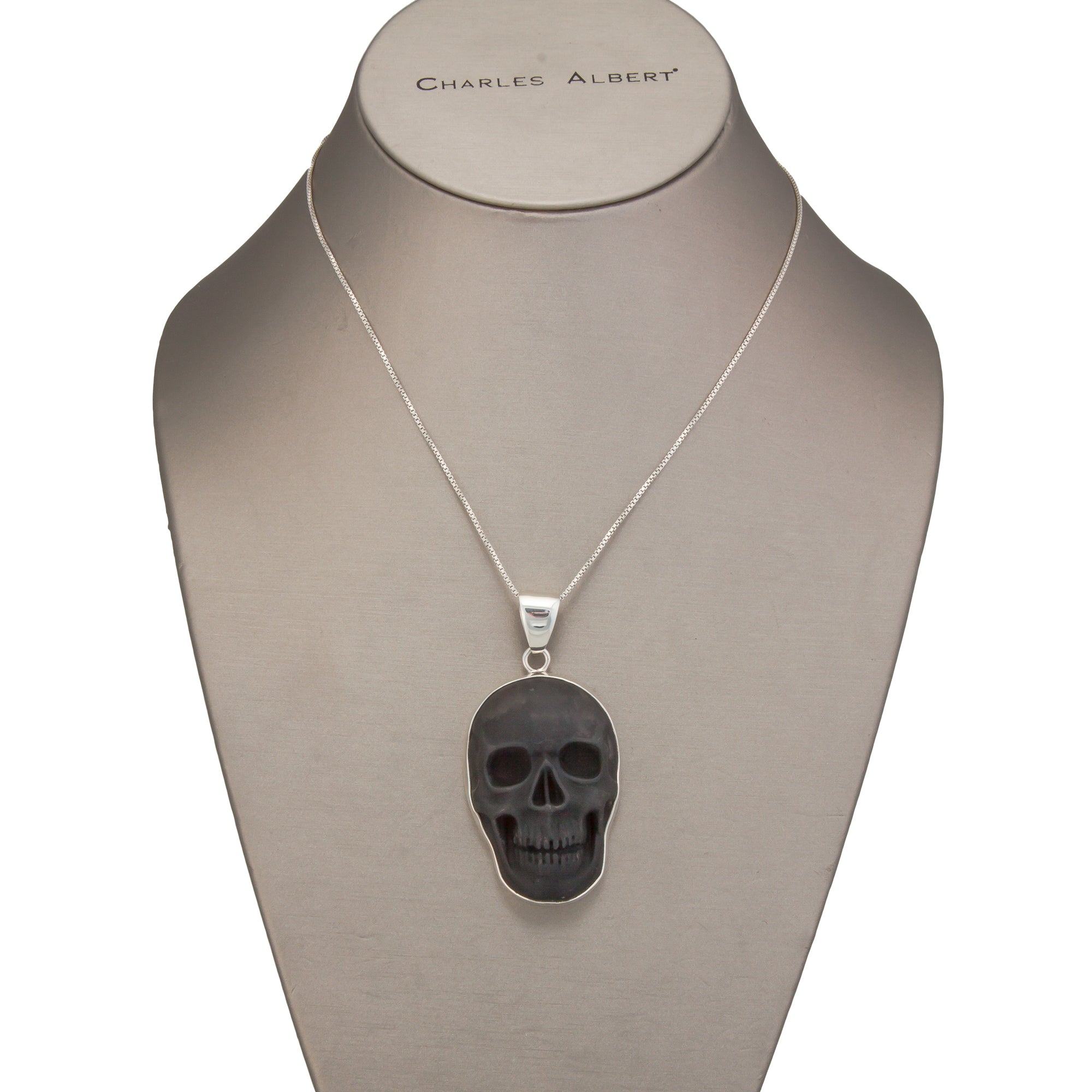 Sterling Silver Large Obsidian Skull Pendant | Charles Albert Jewelry