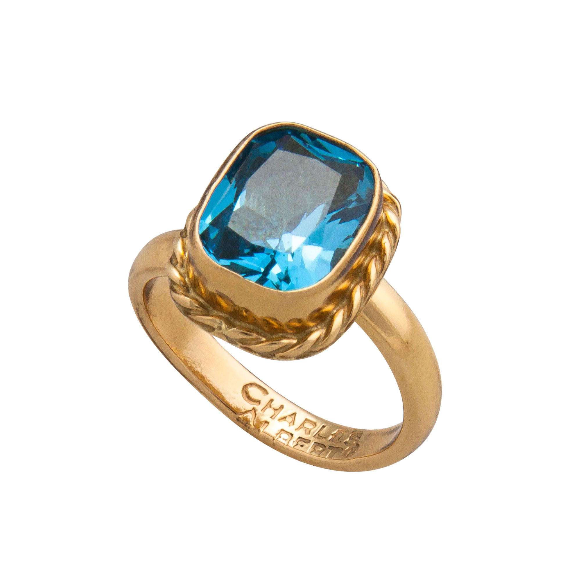 Alchemia Blue Topaz Adjustable Ring with Detailed Edge | Charles Albert Jewelry