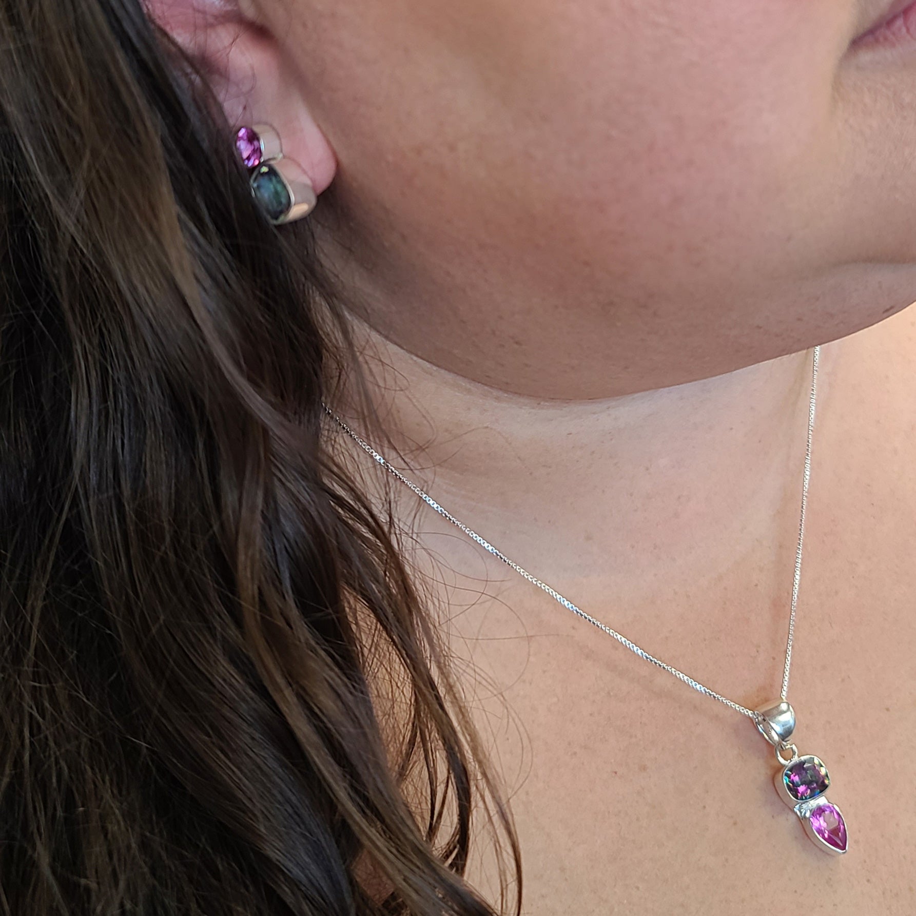 Ethereal Sterling Silver Lab Pink Sapphire and Mystic Quartz Earrings | Charles Albert Jewelry