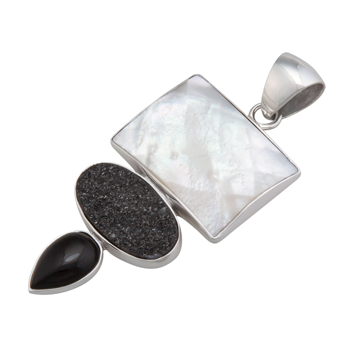 Sterling Silver Mother of Pearl, Black Druzy and Onyx Pendant | Charles Albert Jewelry