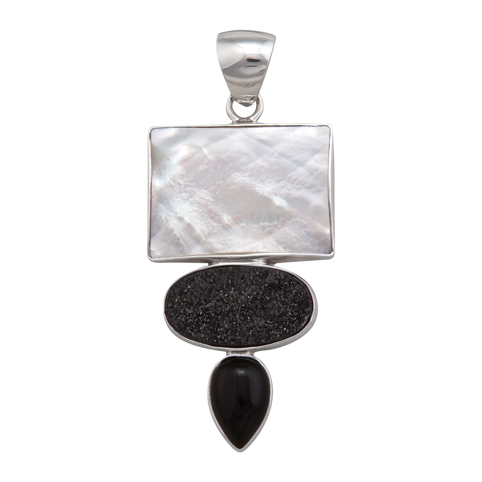 Sterling Silver Mother of Pearl, Black Druzy and Onyx Pendant | Charles Albert Jewelry