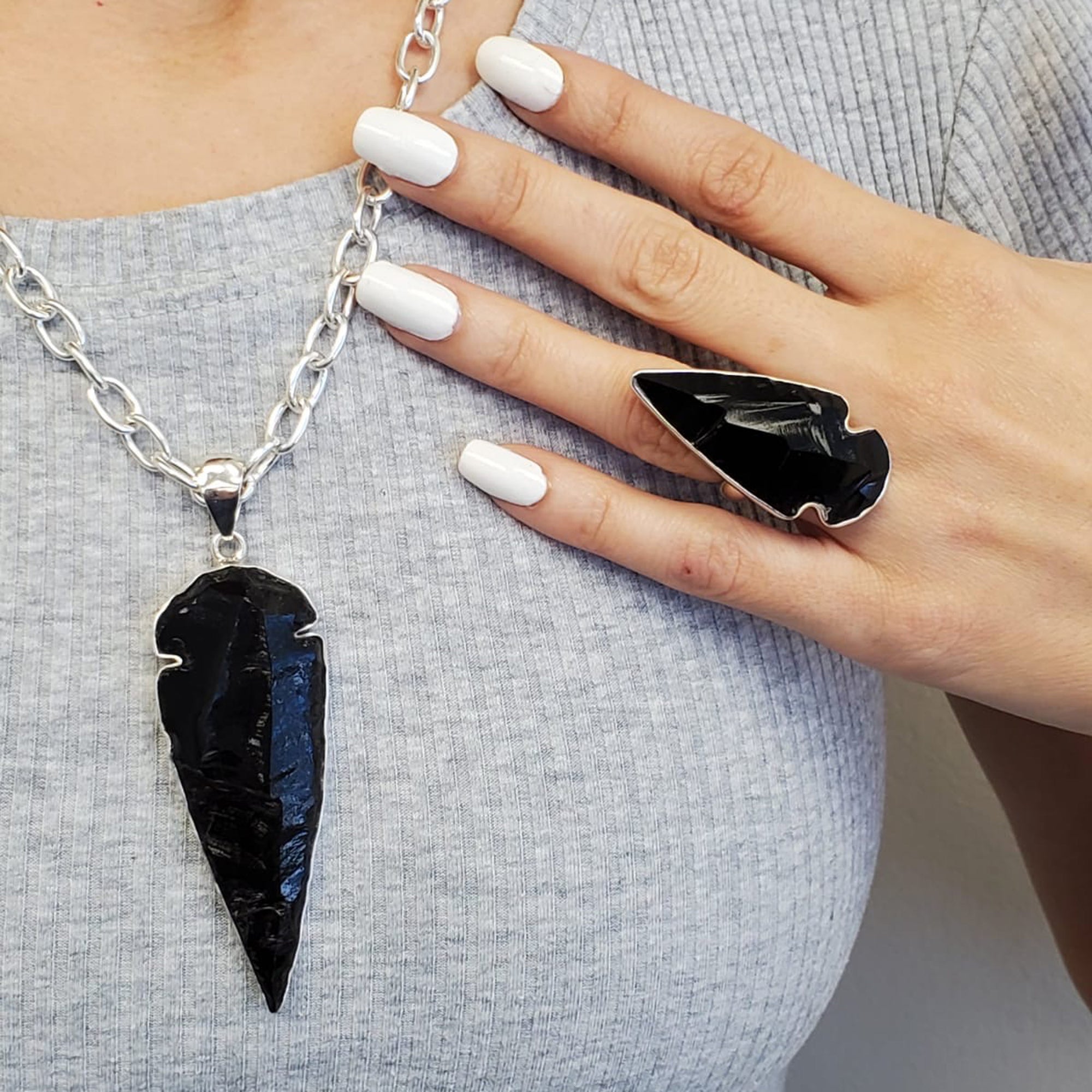 Sterling Silver Obsidian Arrowhead Adjustable Ring | Charles Albert Jewelry