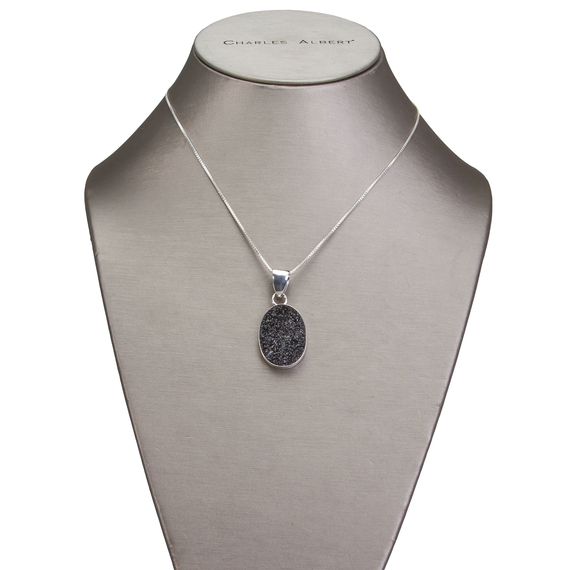 Sterling Silver Oval Black Druzy Pendant | Charles Albert Jewelry