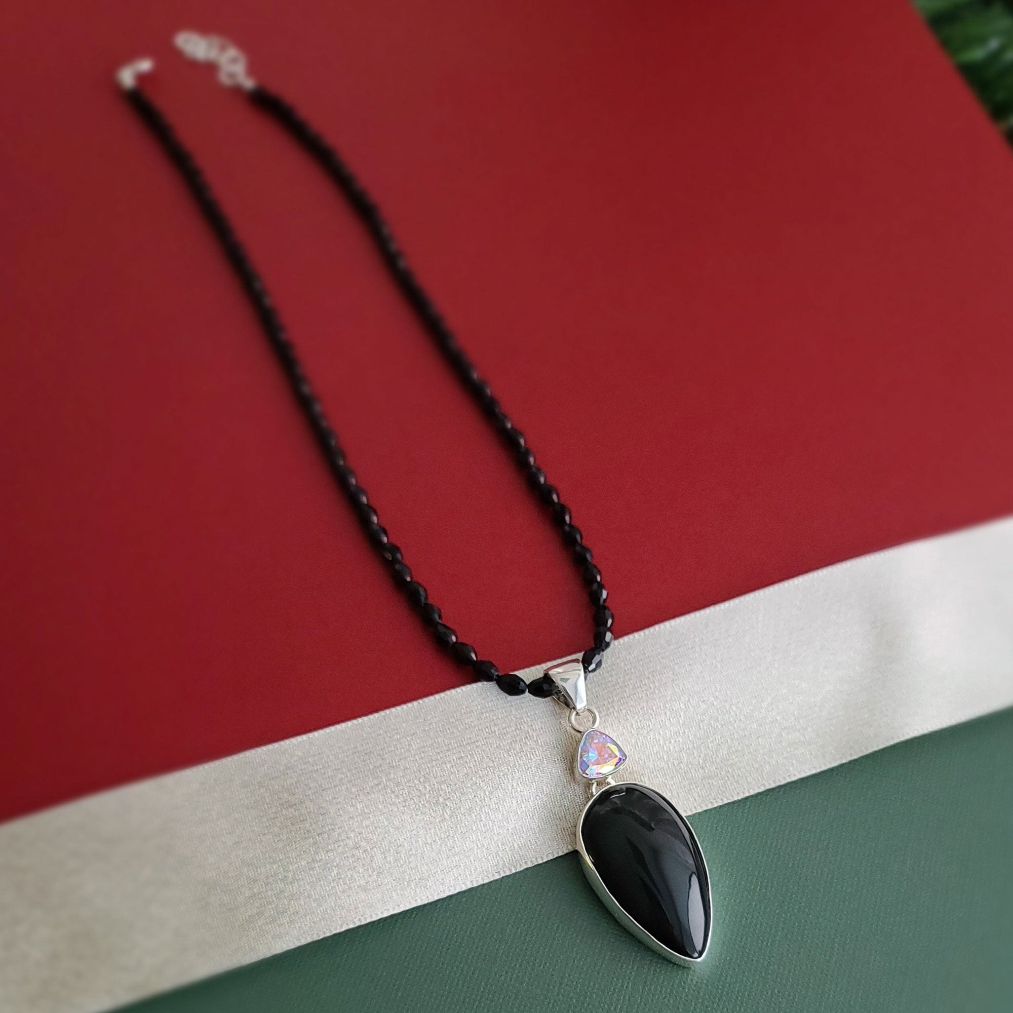 Sterling Silver Mercury Mist and Rainbow Obsidian Pendant with Black Crystal Necklace| Charles Albert Jewelry