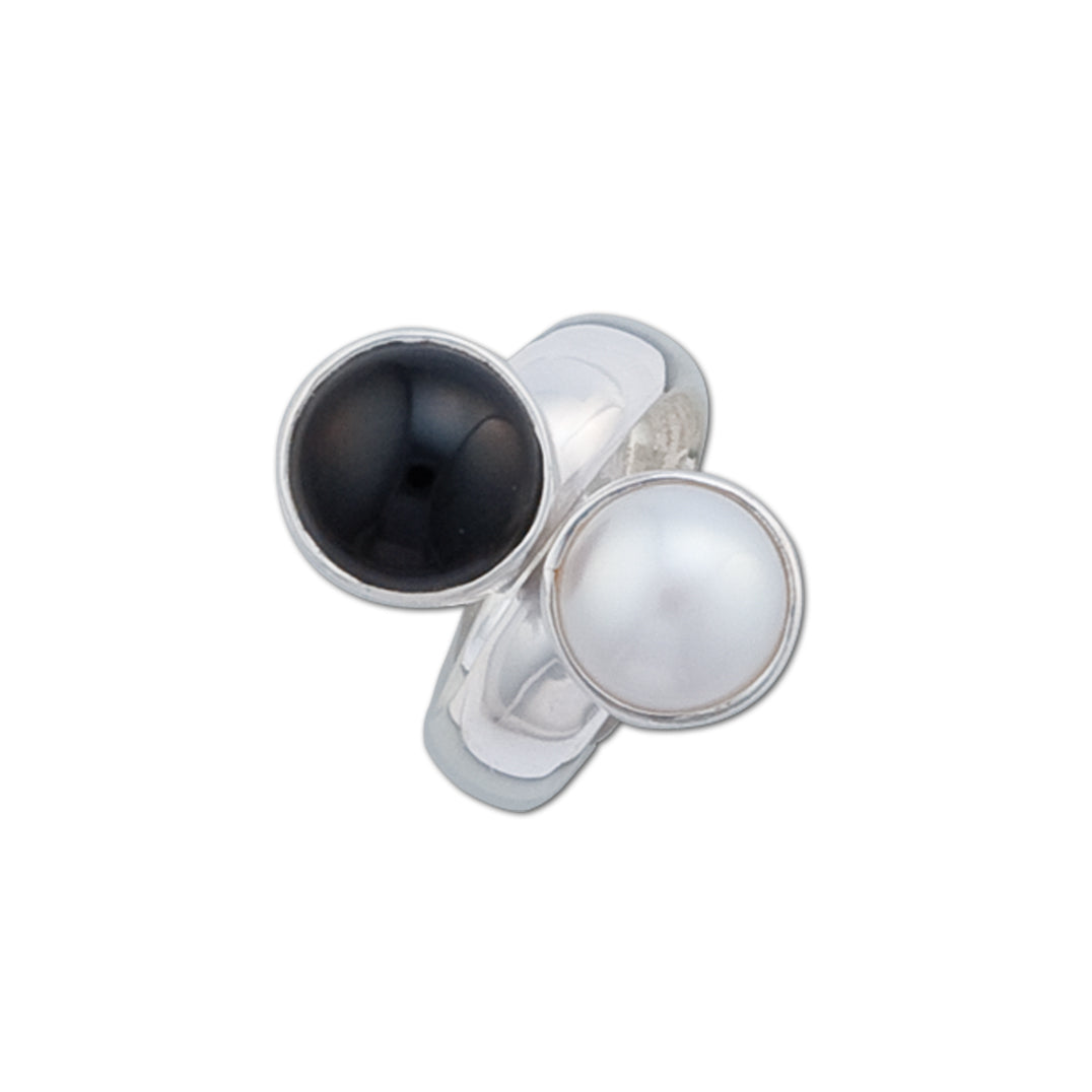 Sterling Silver Onyx &amp; Pearl Bypass Adjustable Ring | Charles Albert Jewelry