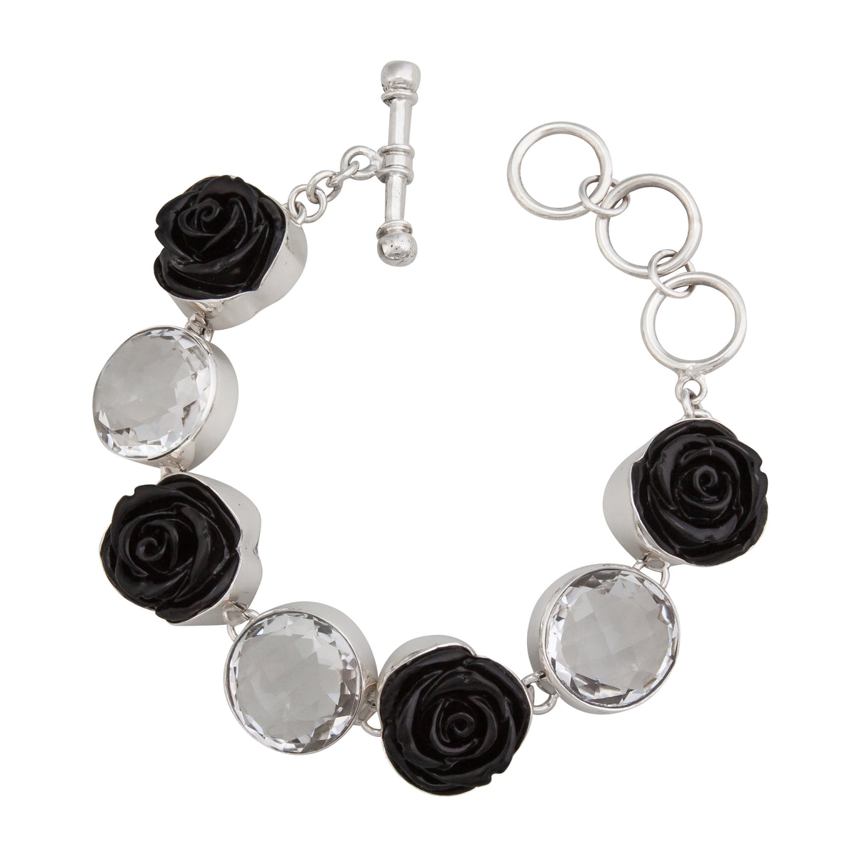 Sterling Silver Black Resin Rose and Clear Quartz Bracelet
