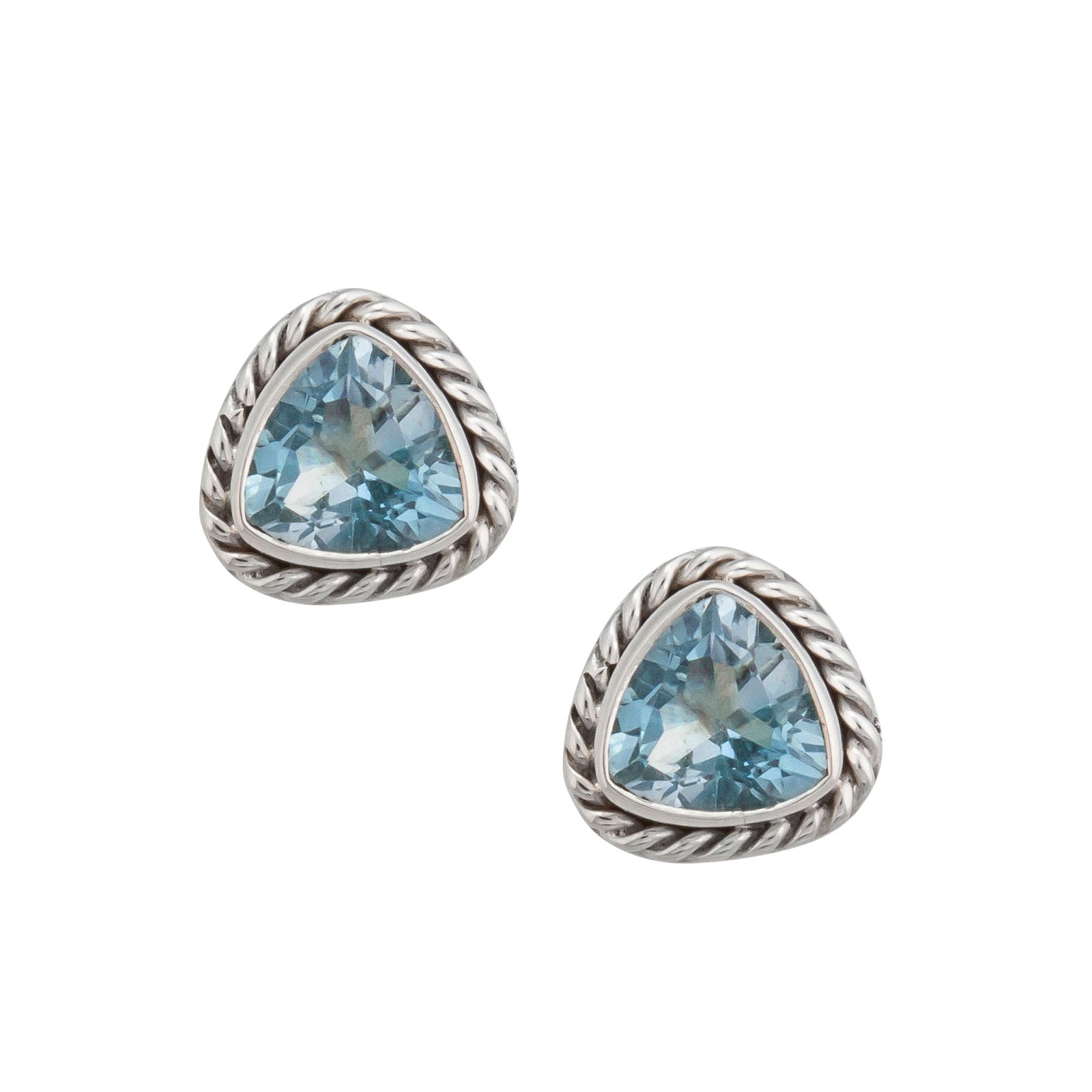 Sterling Silver Blue Topaz Trillion Post Earrings with Detailed Edge | Charles Albert Jewelry