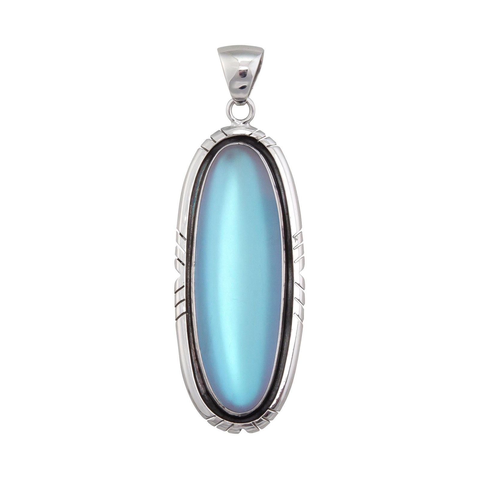 Sterling Silver Luminite Oblong Pendant with Detailed Oxidized Edge | Charles Albert Jewelry