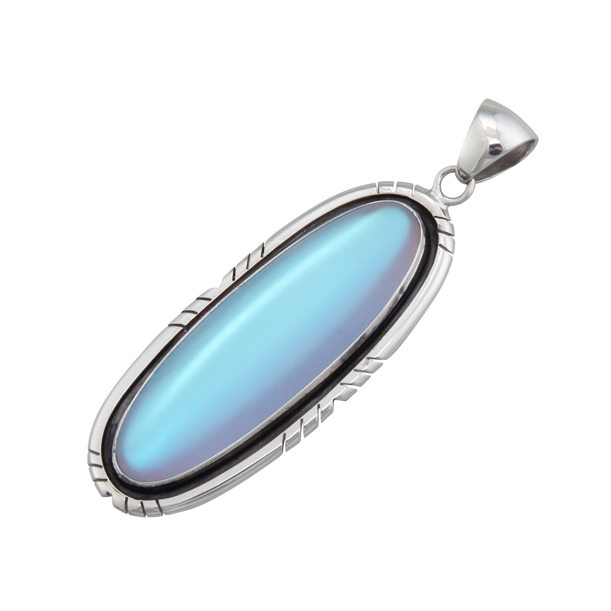 Sterling Silver Luminite Oblong Pendant with Detailed Oxidized Edge | Charles Albert Jewelry