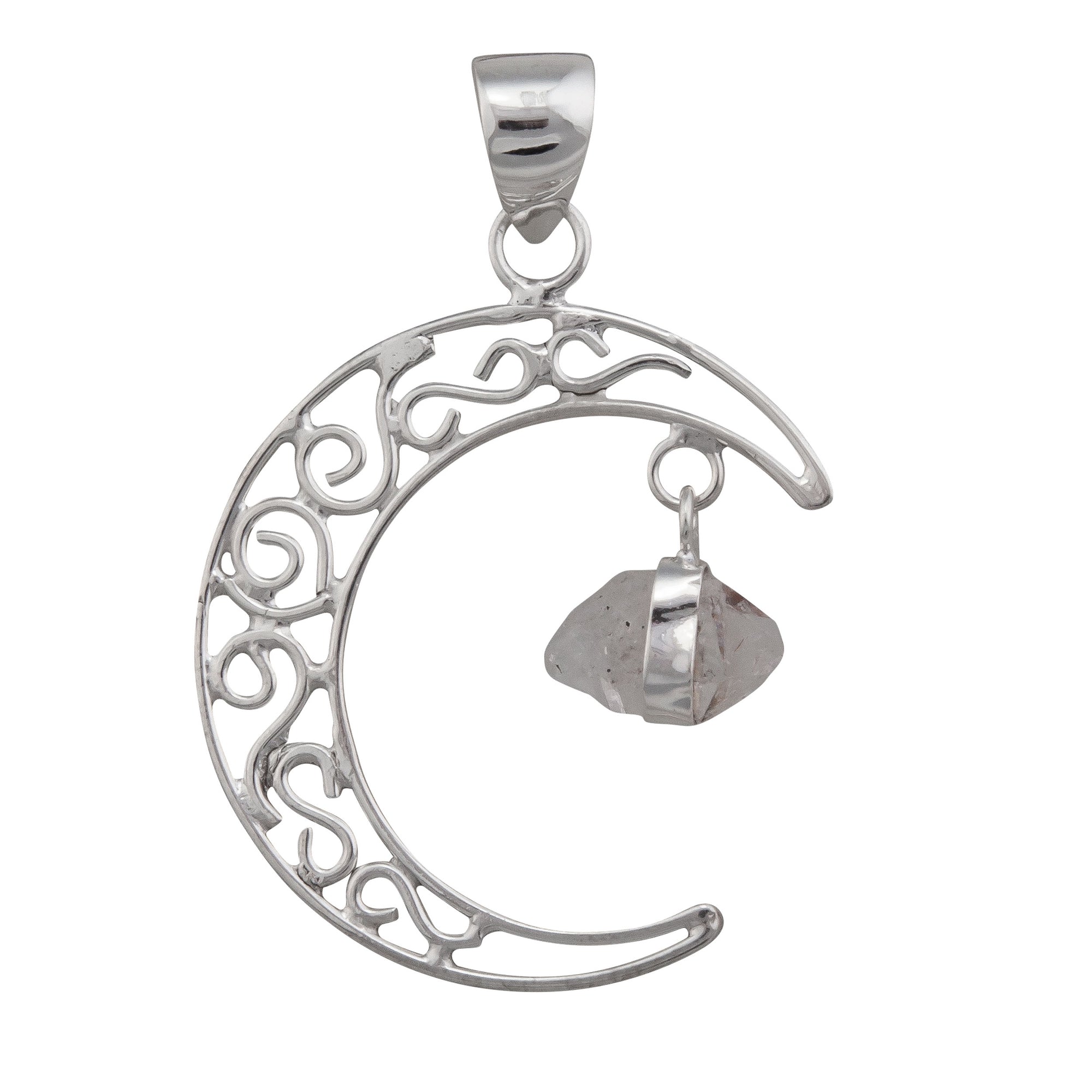 Sterling Silver Crescent Moon and Herkimer Diamond Pendant | Charles Albert Jewelry