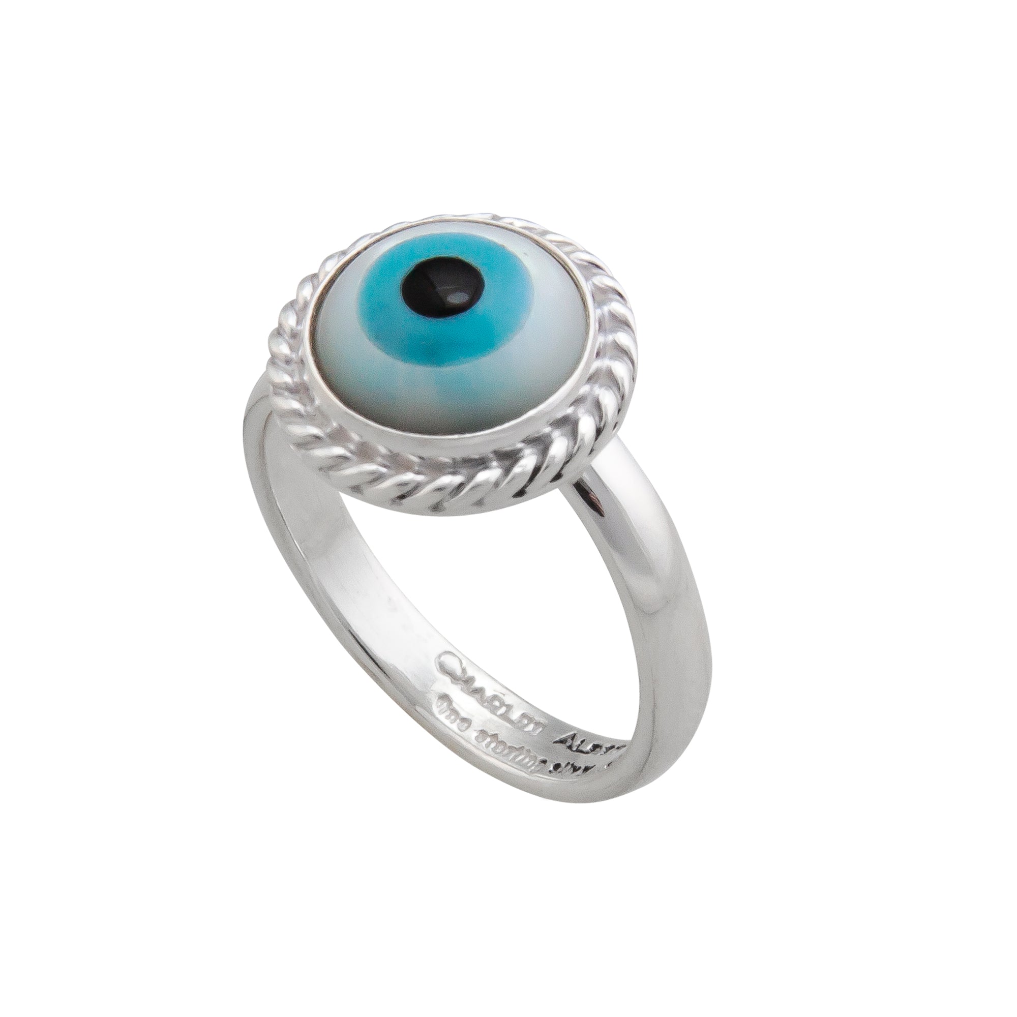 Sterling Silver Mother of Pearl Evil Eye Adjustable Rope Ring | Charles Albert Jewelry