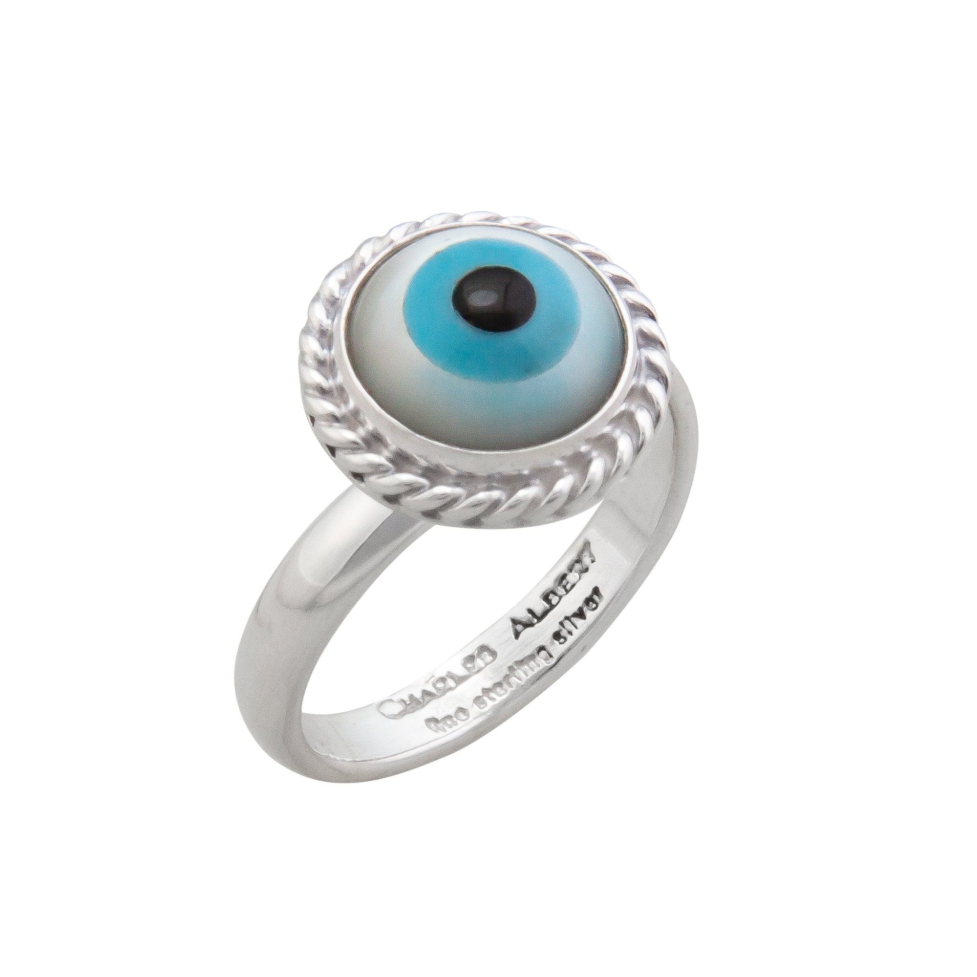 Sterling Silver Mother of Pearl Evil Eye Adjustable Rope Ring | Charles Albert Jewelry