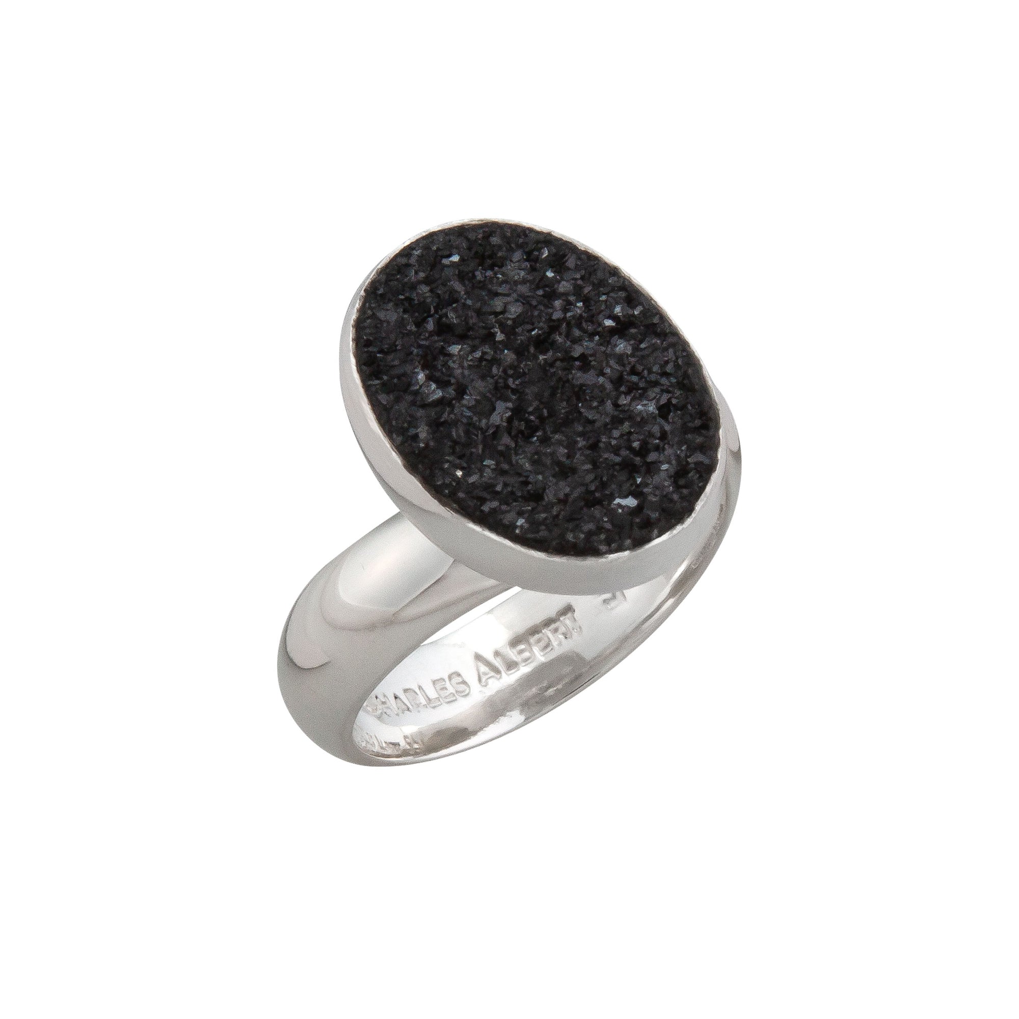 Sterling Silver Black Druse Oval Petite Adjustable Ring | Charles Albert Jewelry