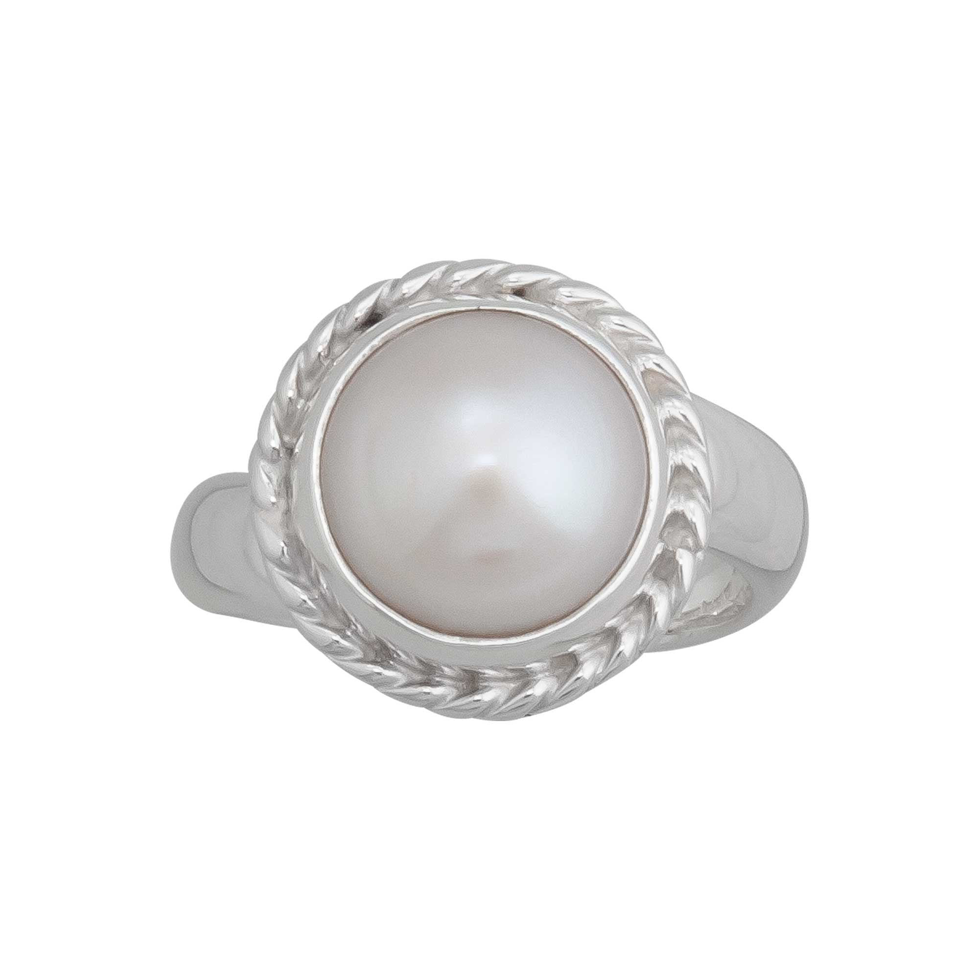 Natural Creamy White Pearl , White Cubic Zirconia Solid .925 Sterling Silver  Ring Size 7.5 | BELLADONNA