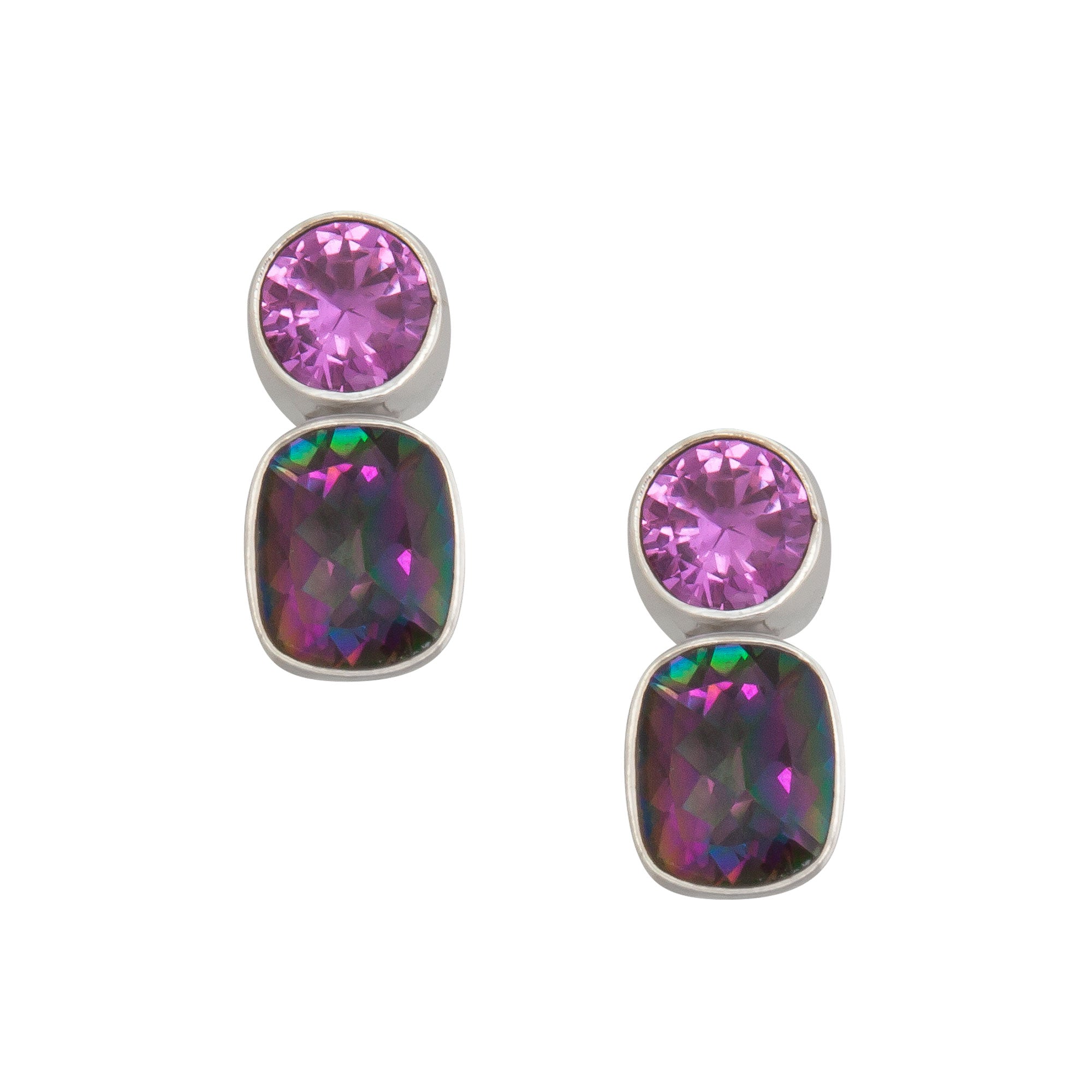 Sterling Silver Lab Pink Sapphire and Rainbow Mystic Quartz Post Earrings | Charles Albert Jewelry