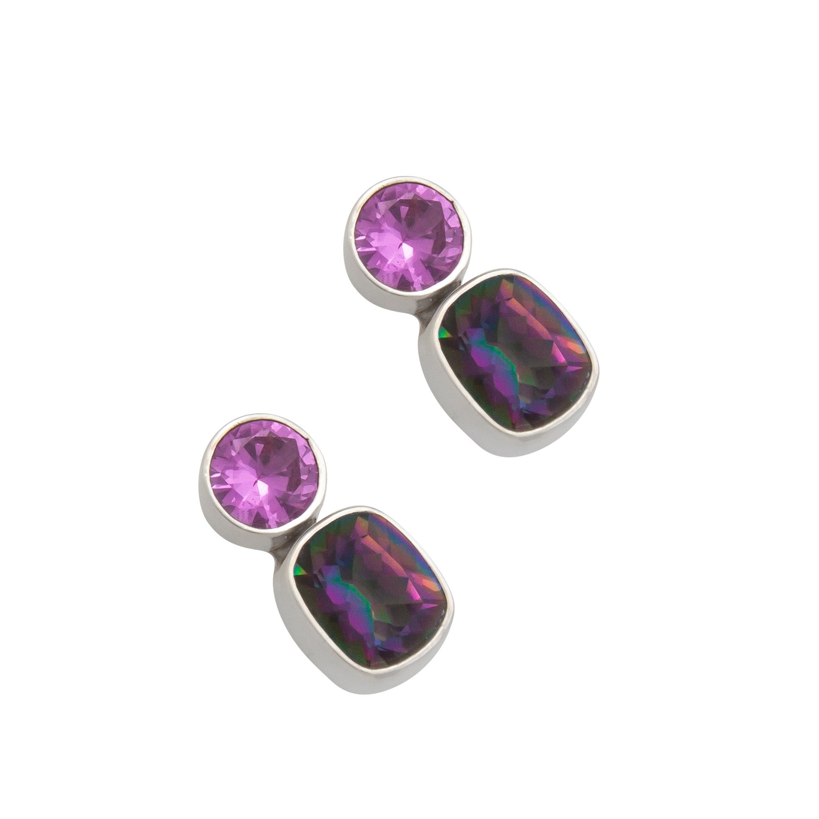 Sterling Silver Lab Pink Sapphire and Rainbow Mystic Quartz Post Earrings | Charles Albert Jewelry