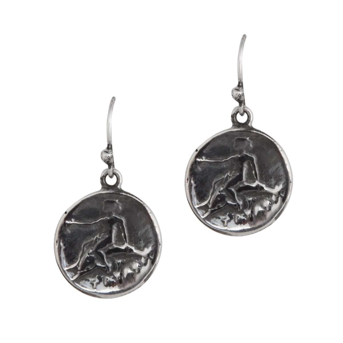 Sterling Silver Replica Boy on Dolphin Greek Coin Drop Earrings | Charles Albert Jewelry